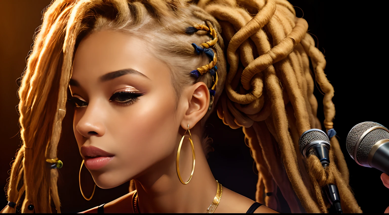 Protrait, a photo of, Neutral Hunnuman, Oval jaw, delicate features, beautifull face, , beautifull face, beautifull face, beautifull face, prefect skin, prefect skin, prefect skin, prefect skin, Long ponytail, (microphone), (Singing on the club stage), (Hip Hop), (Hip Hop), (Hip Hop), (Dreadlocks), (Dreadlocks), (Dreadlocks)