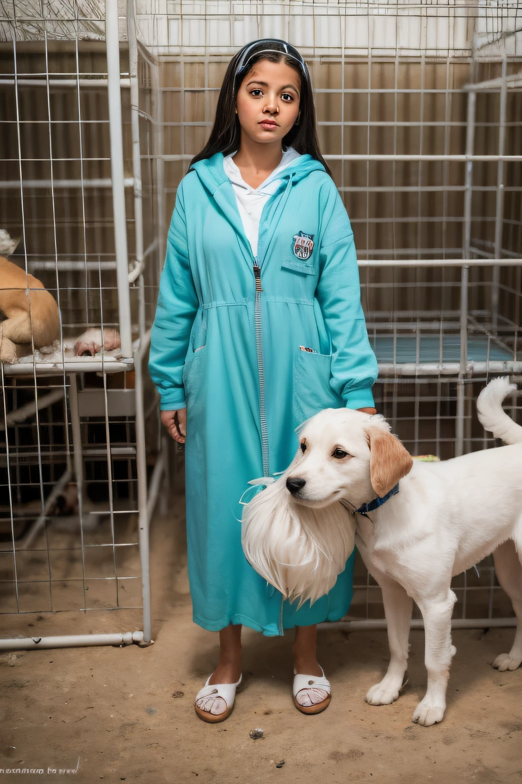 Uma garota com aproximadamente 18 anos de idade, com roupas sujas e velhas, com varios cachorros ao fundo. The scene takes place in a dog shelter. ela esta olhando para a foto