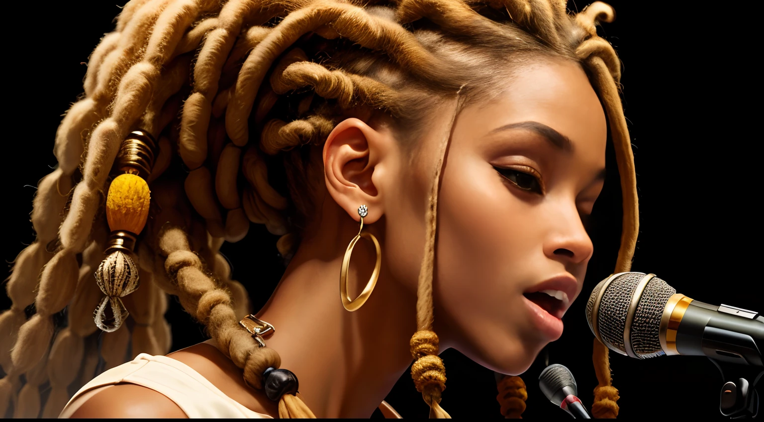Protrait, a photo of, Neutral Hunnuman, Oval jaw, delicate features, beautifull face, , beautifull face, beautifull face, beautifull face, prefect skin, prefect skin, prefect skin, prefect skin, Long ponytail, (microphone), (Singing on the club stage), (Hip Hop), (Hip Hop), (Hip Hop), (Dreadlocks), (Dreadlocks), (Dreadlocks)