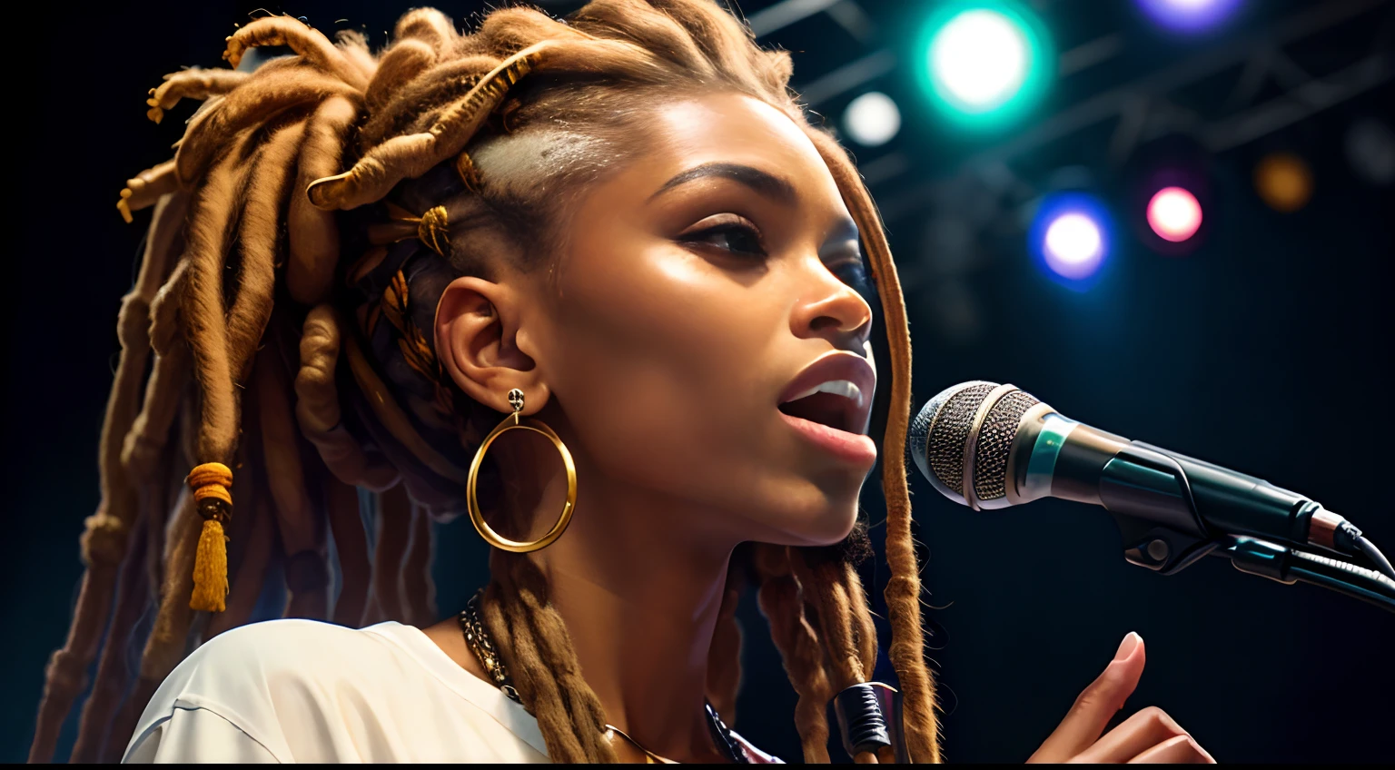 Protrait, a photo of, Neutral Hunnuman, Oval jaw, delicate features, beautifull face, , beautifull face, beautifull face, beautifull face, prefect skin, prefect skin, prefect skin, prefect skin, Long ponytail, (microphone), (Singing on the club stage), (Hip Hop), (Hip Hop), (Hip Hop), (Dreadlocks), (Dreadlocks), (Dreadlocks)