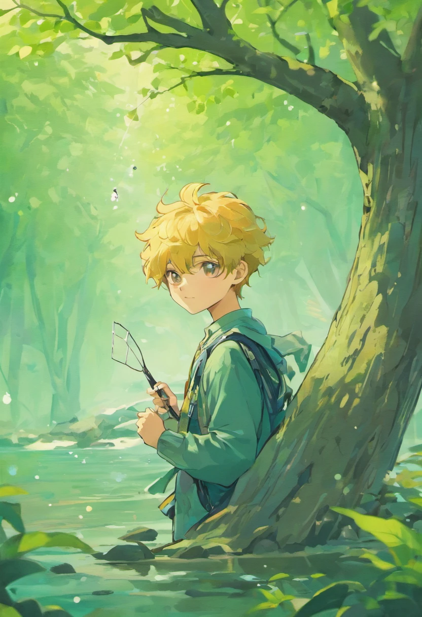 Under the ginkgo tree，There is the sea in the distance，His face is rounded，The mouth is slightly upturned，The eyebrows are thick and curved upwards，The eyes are big，Black and white，Curious and enthusiastic。His hair appears bright black，Some curly，Youthful and energetic。He holds a net and a fishing rod，There will also be often a little elf around Sanshan。