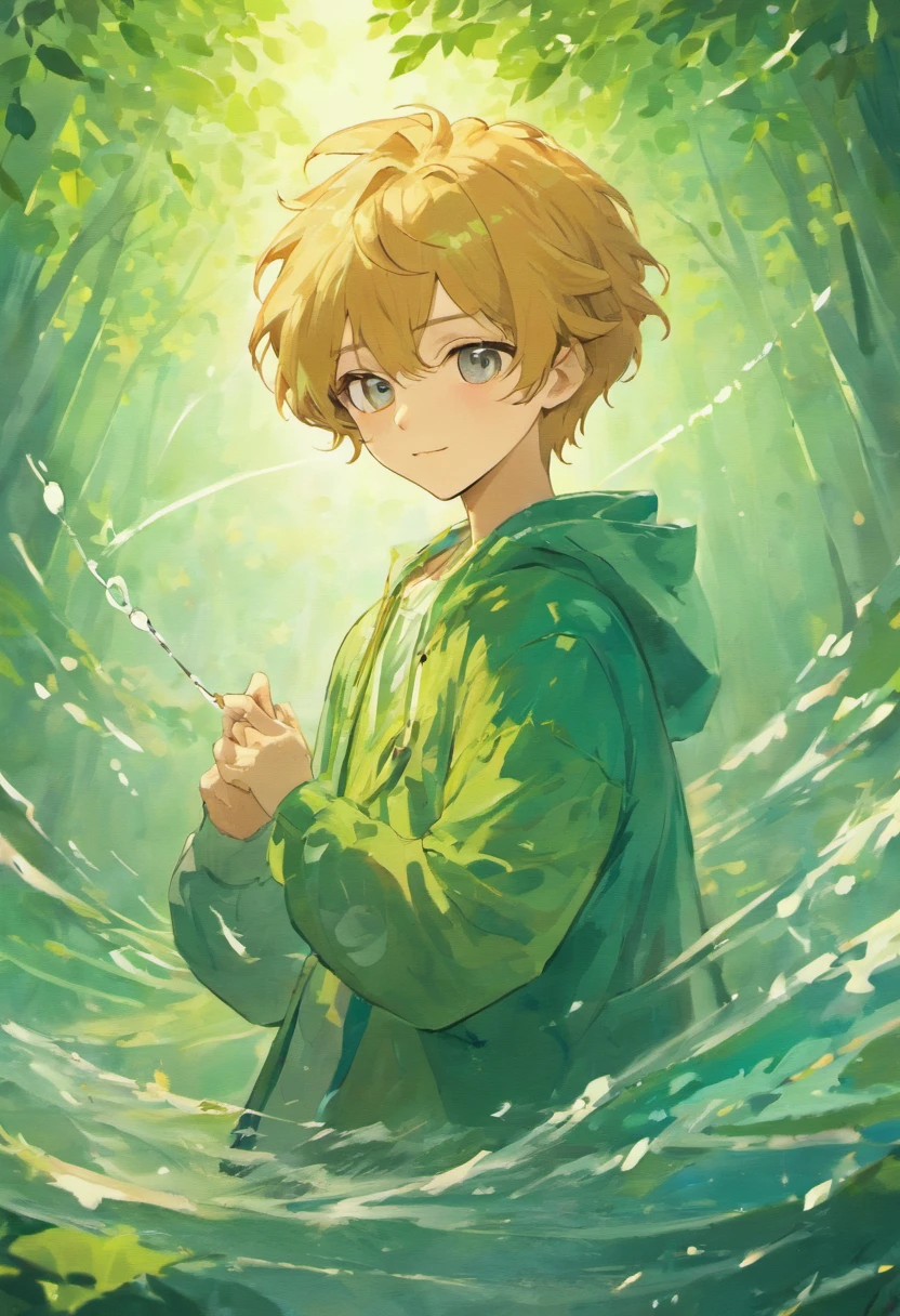 Under the ginkgo tree，There is the sea in the distance，His face is rounded，The mouth is slightly upturned，The eyebrows are thick and curved upwards，The eyes are big，Black and white，Curious and enthusiastic。His hair appears bright black，Some curly，Youthful and energetic。He holds a net and a fishing rod，There will also be often a little elf around Sanshan。