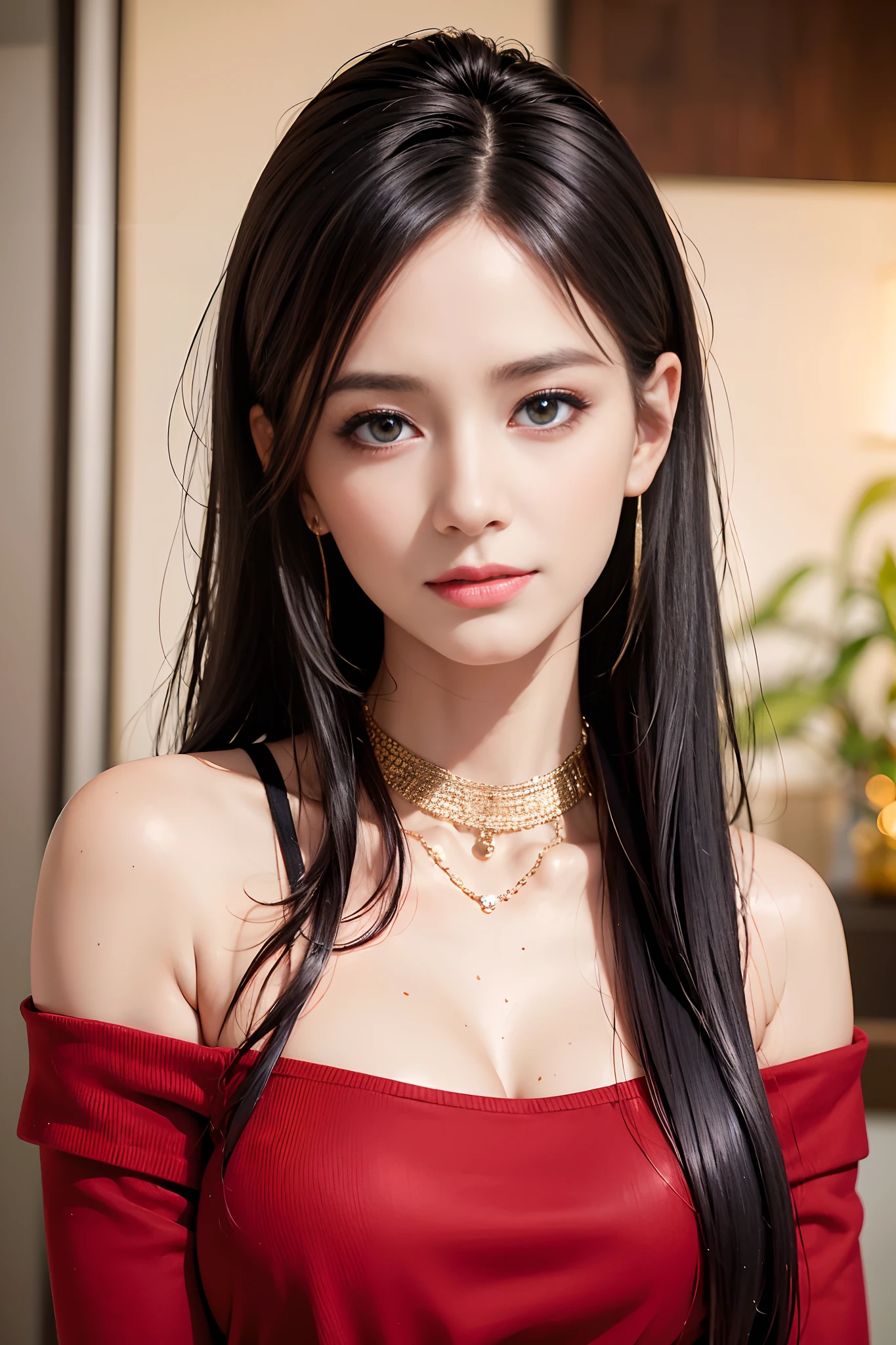 (Masterpiece: 1.3), (8k, Photorealistic, RAW Photo, Best Quality: 1.4), (1girl), Beautiful Face, (Realistic Face), (Black Hair, Short Hair: 1.3), Beautiful Hairstyle, (Bangs), (Smile), Smile, Realistic Eyes, Gloss, Highlights, Highlights in the Eyes, Eyelashes, Beautiful Detail Eyes, (Realistic Skin), Beautiful Skin, Transparency, Off Shoulder, Red knit, blue knit, black shoulder strap, shoulder strap, thick choker, bust, smile, tooth, absurdity, attractive, ultra high resolution, ultra-realistic, high definition, golden ratio, crystal clear eyes, wet, mole, gaze on camera, ears, sparkle, long neck, double eyelids, big eyes, cheeks, gentle character, attractive personality, gentle, touching, overwhelming charm, bright personality