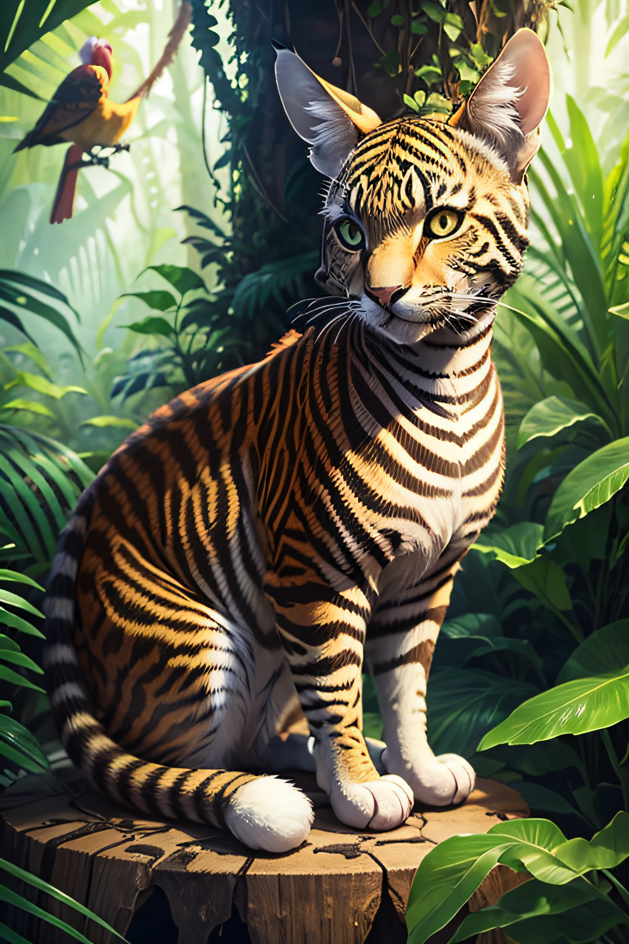 cat sitting on waffles in the rainforest with a parrot, zebra, giraffe, pyramids, and spider in the background