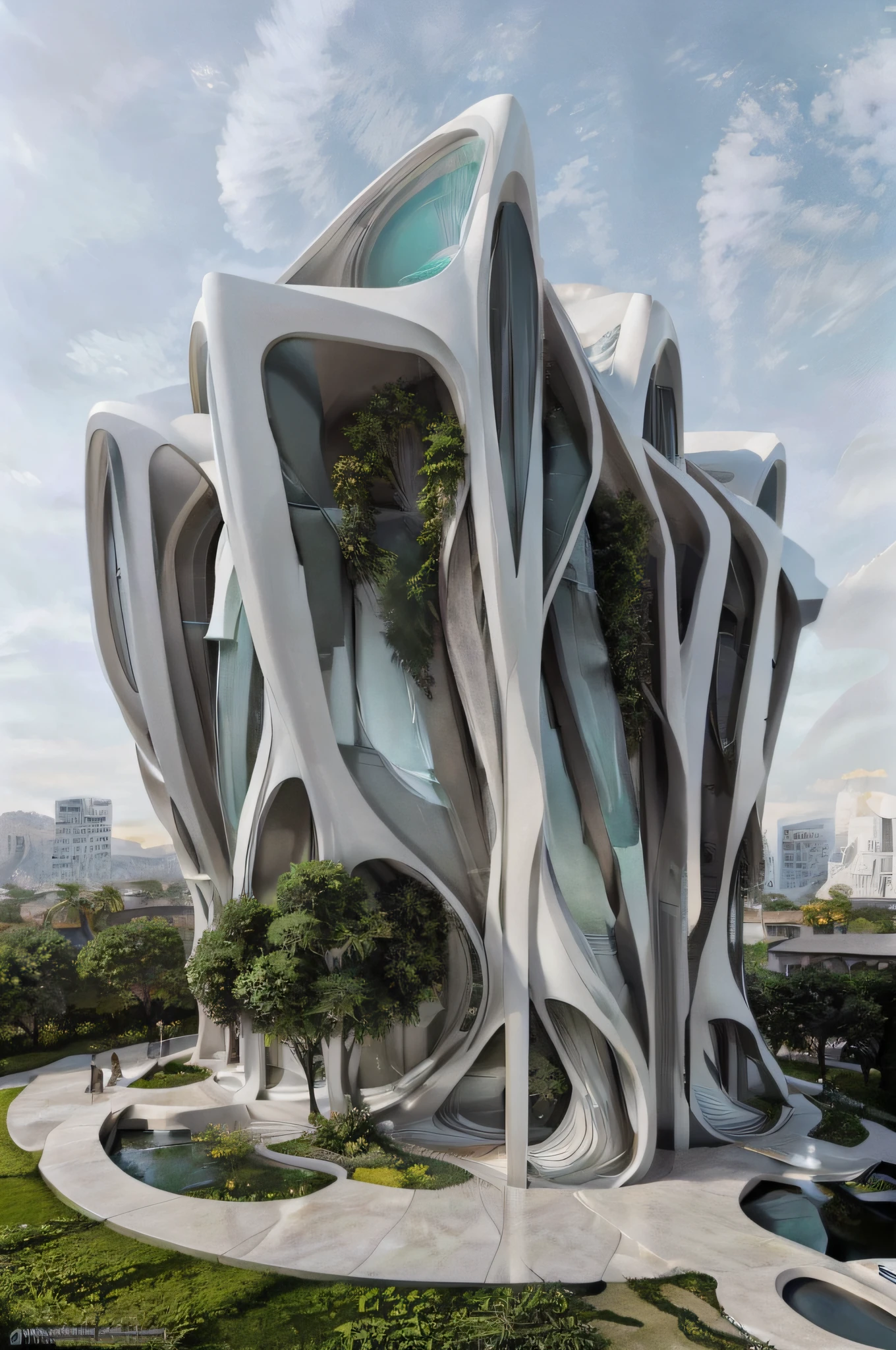 A modern house designed by Zaha Hadid, with (best quality, highres, ultra-detailed) architecture showcasing (sharp angles, asymmetry), (open concept, floor-to-ceiling windows), and (sleek, clean lines). The exterior is made of (glass, steel, concrete) and features (abstract shapes, unique patterns) in (monochrome, grayscale) tones. The interior boasts (spacious, airy) rooms filled with (natural light, soft ambiance) from the large windows. The furniture is minimalistic, with (geometric, futuristic) designs and (luxurious, comfortable) materials. The color palette consists of (neutral, muted) tones with pops of (bold, vibrant) colors to create a sense of (contrast, harmony). The lighting is (artificial, strategically placed), highlighting the architectural elements and creating (dramatic shadows, a welcoming atmosphere). The landscaping surrounding the house includes (lush greenery, minimalist gardens) and (water features, sculptural elements) to complement the modern aesthetic. This prompt aims to generate a high-quality image of a stunning, futuristic house inspired by Zaha Hadid's iconic designs.