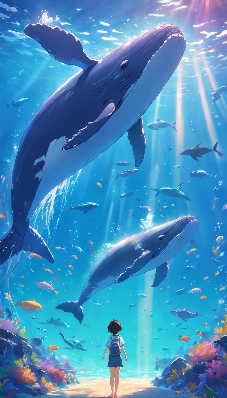 Painting of whales swimming in colorful ocean, Look up at the composition, Jellyfish and whales, Inspired by Cyril Rolando, A beautiful artwork illustration, author:Shitao, colorful concept art, Makoto Shinkai Cyrillo Rolando, In the style of Cyril Rolando, whale, Highly detailed watercolor 8K, highly detailed water colour 8 k,octane,the end,Realistic,8K,Estilo de Makoto Shinkai( reasonable design, 清晰的线条, High- sharpness,Best quality, Very detailed, Master parts, movie light effect, 4K ),A boy and a girl swim at the bottom of the sea,dream magical,The fish,
