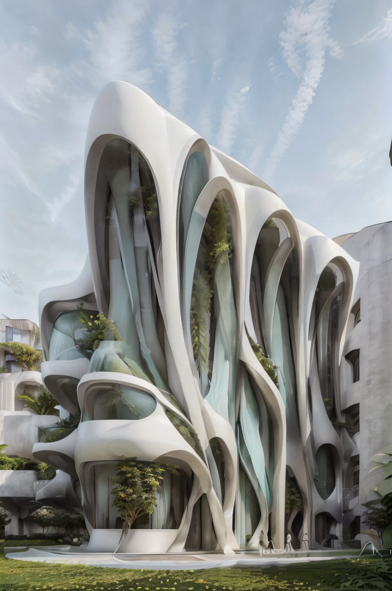 A modern house designed by Zaha Hadid, with (best quality, highres, ultra-detailed) architecture showcasing (sharp angles, asymmetry), (open concept, floor-to-ceiling windows), and (sleek, clean lines). The exterior is made of (glass, steel, concrete) and features (abstract shapes, unique patterns) in (monochrome, grayscale) tones. The interior boasts (spacious, airy) rooms filled with (natural light, soft ambiance) from the large windows. The furniture is minimalistic, with (geometric, futuristic) designs and (luxurious, comfortable) materials. The color palette consists of (neutral, muted) tones with pops of (bold, vibrant) colors to create a sense of (contrast, harmony). The lighting is (artificial, strategically placed), highlighting the architectural elements and creating (dramatic shadows, a welcoming atmosphere). The landscaping surrounding the house includes (lush greenery, minimalist gardens) and (water features, sculptural elements) to complement the modern aesthetic. This prompt aims to generate a high-quality image of a stunning, futuristic house inspired by Zaha Hadid's iconic designs.