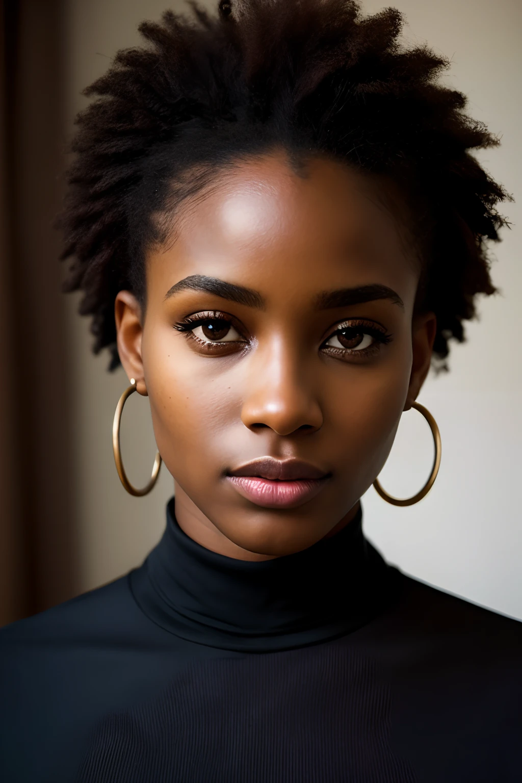 (8k, Photo brute, Highest quality), Beautiful Ebony Girl, corps entier, Poils sarcelle, yeux sarcelle, triste, gros plan, robe, (detailled eyes:0.8), (looking at the camera:1.4), (Highest quality), (meilleure ombre), Intricate details, interior, Warm Light, muted colors, (Contraste To8Style), Standing while drinking coffee