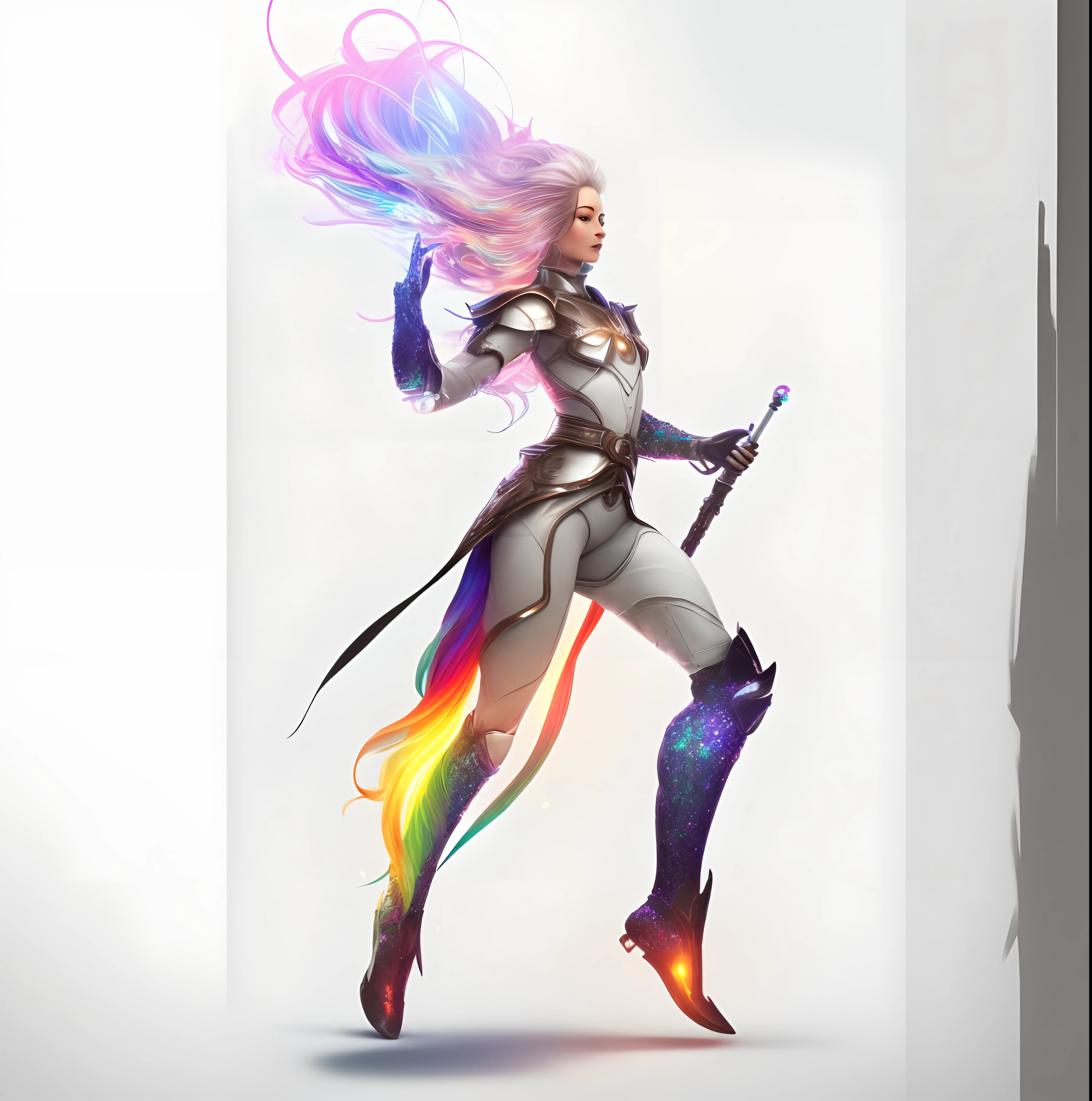 Full body character,Hand-draw style,illustration,concept art,active pose,white background,android,
Full Body portrait,ARTIFICIAL EMPATHY,holding glowing rainbow staff,active cool pose,
Android-like Russian beauty face, rainbow hair is mixed with LED rainbow lights,beautiful black boots,
rainbow glitter black opal full body sparkling armor, dramatic lighting,insanely detailed,
wind-effect,smooth,8k,GoPro,masterpiece,