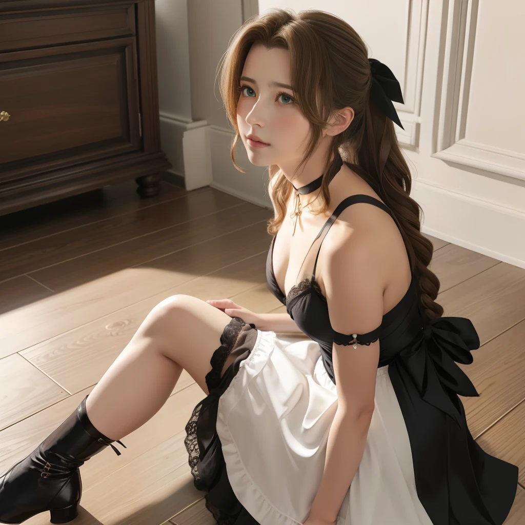 masterpiece, best quality, aerith gainsborough, choker, hair bow, looking at viewer, in a french black maid outfit, front facing, sitting on floor, facing viewer, facing forward