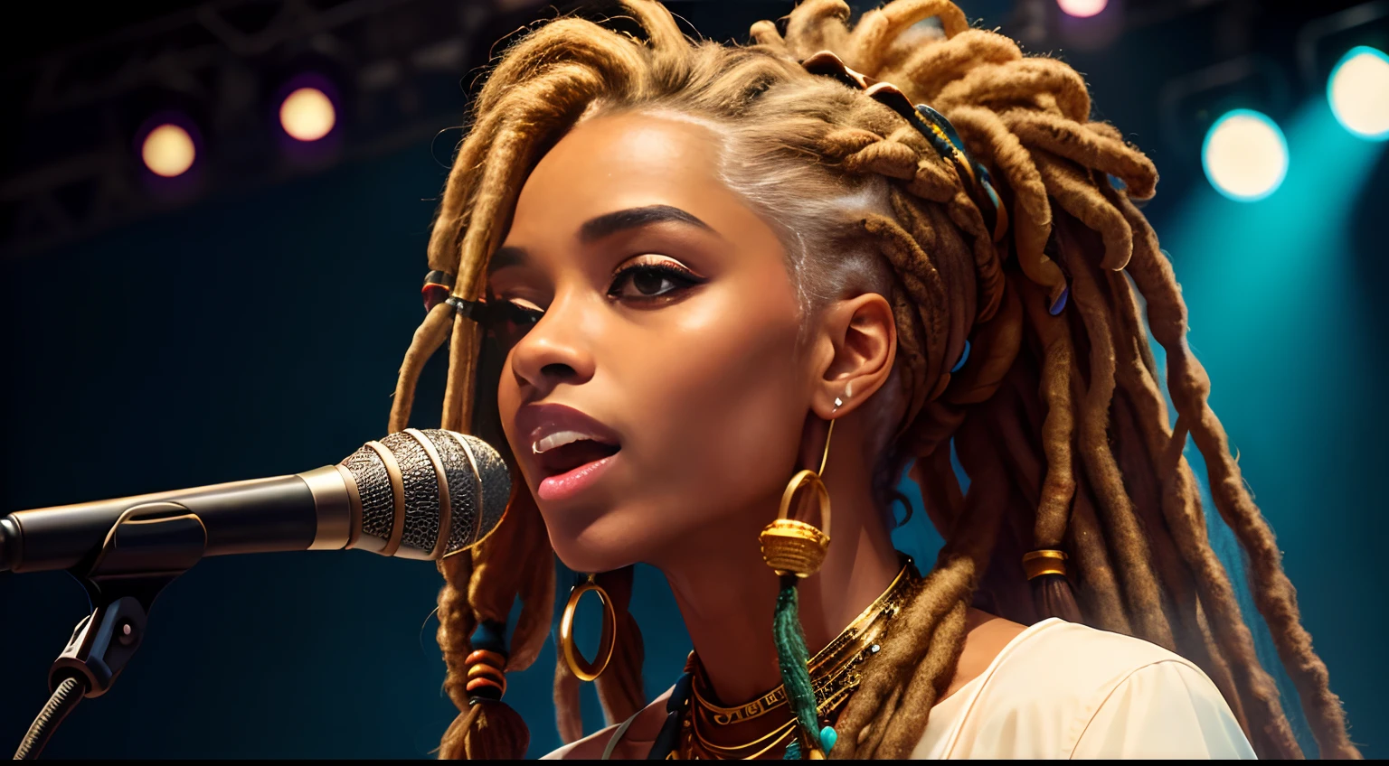Protrait, a photo of, Neutral Hunnuman, Oval jaw, delicate features, beautifull face, , beautifull face, beautifull face, beautifull face, prefect skin, prefect skin, prefect skin, prefect skin, Long ponytail, (microphone), (Singing on the club stage), (Hip Hop), (Hip Hop), (Hip Hop), (Dreadlocks), (Dreadlocks), (Dreadlocks)