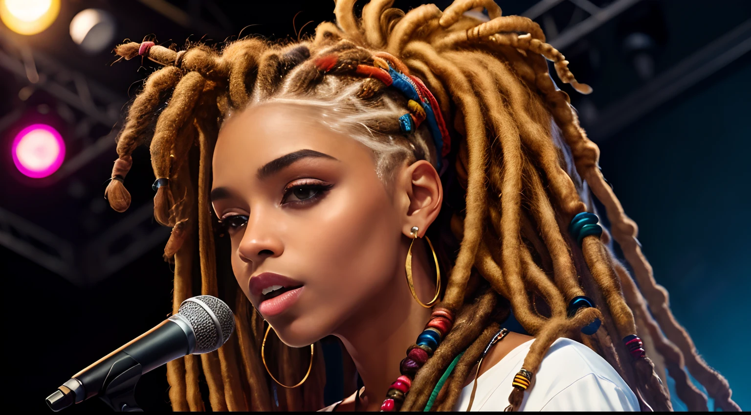 Protrait, a photo of, Neutral Hunnuman, Oval jaw, delicate features, beautifull face, , beautifull face, beautifull face, beautifull face, prefect skin, prefect skin, prefect skin, prefect skin, Long ponytail, (microphone), (Singing on the club stage), (Hip Hop), (Hip Hop), (Hip Hop), (Dreadlocks), (Dreadlocks), (Dreadlocks)