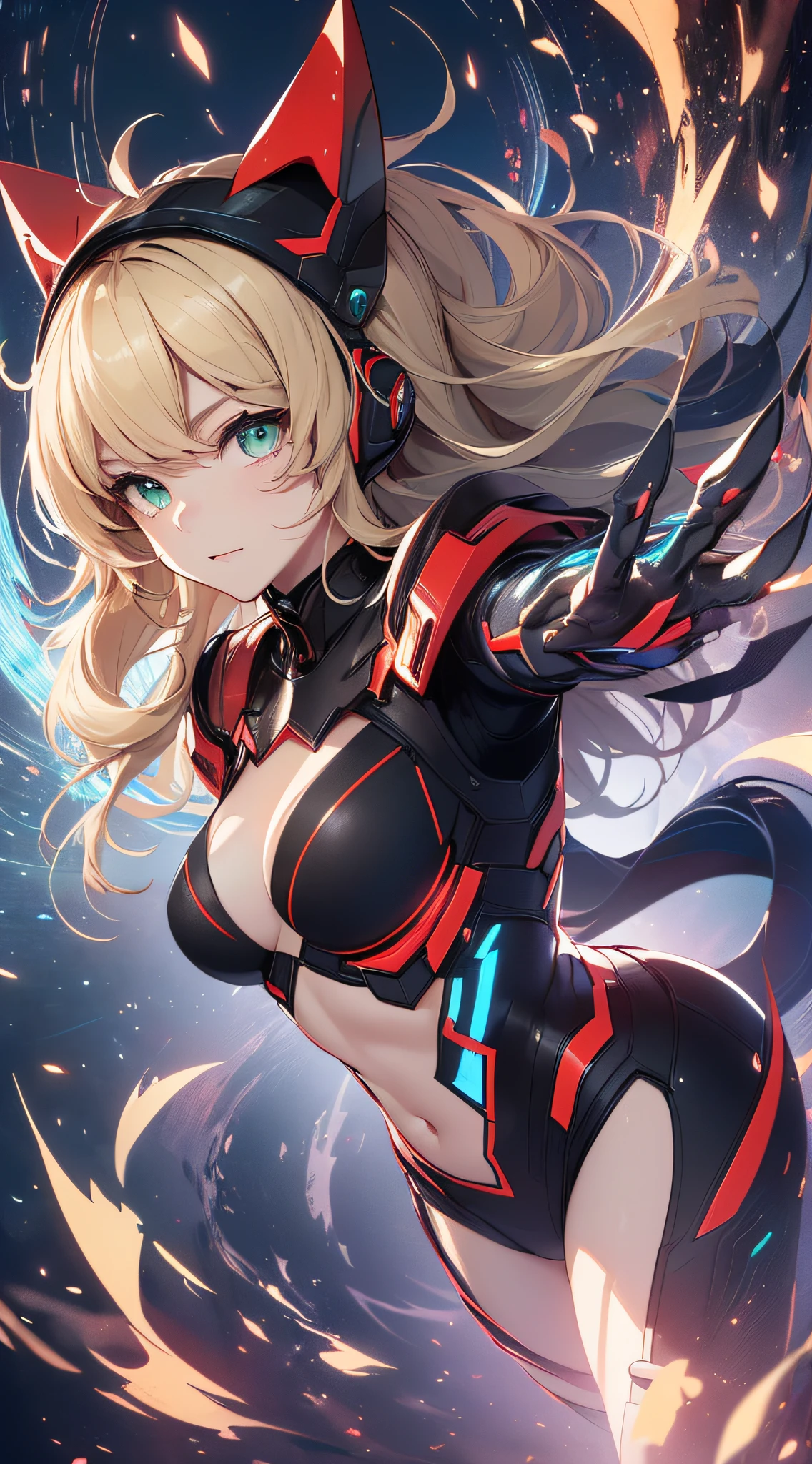 top-quality、Top image quality、masterpiece、Android Girl((、Red, Black, Red and white glowing cybersuit、Blue energy source for the chest,Best Bust、Bust 90、Blonde Away Tail、Blue-green eyes、open chest wide、Valley、Happiness、A slender、Mysterious face、Drifting in the air,Particles of light、Sharp claw arm,battered body、mid air、Glowing eyes))hiquality、Beautiful Art、Background with((mistic、Fantastic universe))、masutepiece、Elaborate design、visualart、Theatrical films