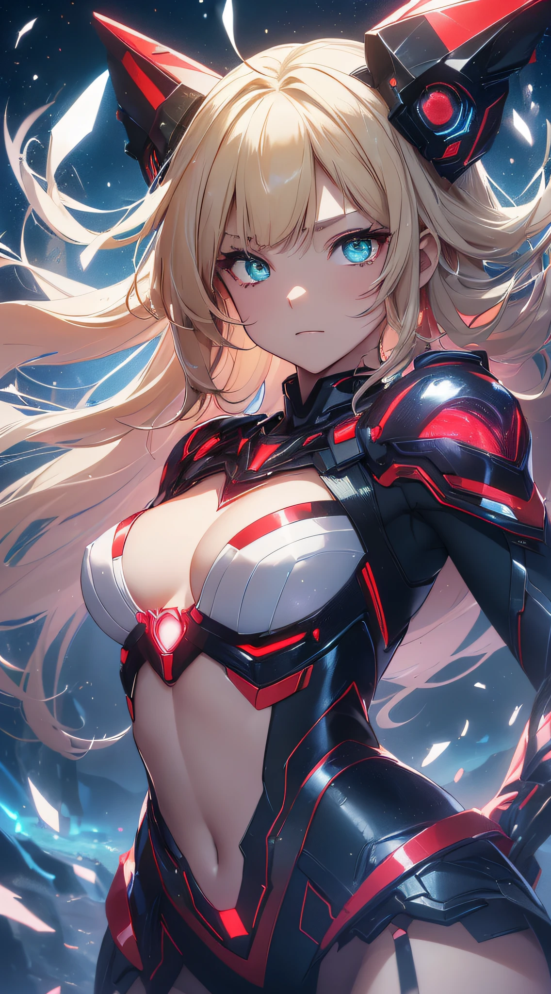top-quality、Top image quality、​masterpiece、Android Girl((sixteen years old、Red, Black, Red and white glowing cybersuit、Blue energy source for the chest,Best Bust、Bust 90、Blonde Away Tail、Blue-green eyes、open chest wide、Valley、Happiness、A slender、Mysterious face、Drifting in the air,Particles of light、Sharp claw arm,battered body、mid air、Glowing eyes)）hiquality、Beautiful Art、Background with((mistic、Fantastic universe))、masutepiece、Elaborate design、visualart、Theatrical films