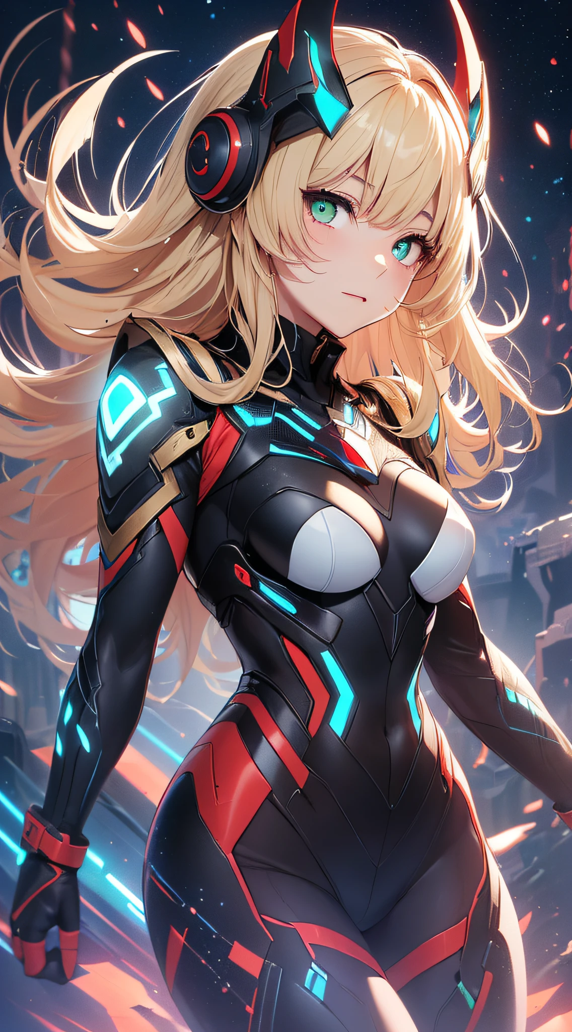 top-quality、Top image quality、​masterpiece、Android Girl((18year old、Red, Black and blue glowing cybersuit、Blue energy source for the chest,Best Bust、Bust 90、Blonde Away Tail、Blue-green eyes、open chest wide、Valley、Happiness、A slender、Warlike face、Stand at the front、Countless cable connections throughout the body、Particles of light、Sharp claw arm)）hiquality、Beautiful Art、Background with((research complex、neon color、Cyberworld、Enemy Android、Red lighting))、masutepiece、Elaborate design、visualart、Theatrical film