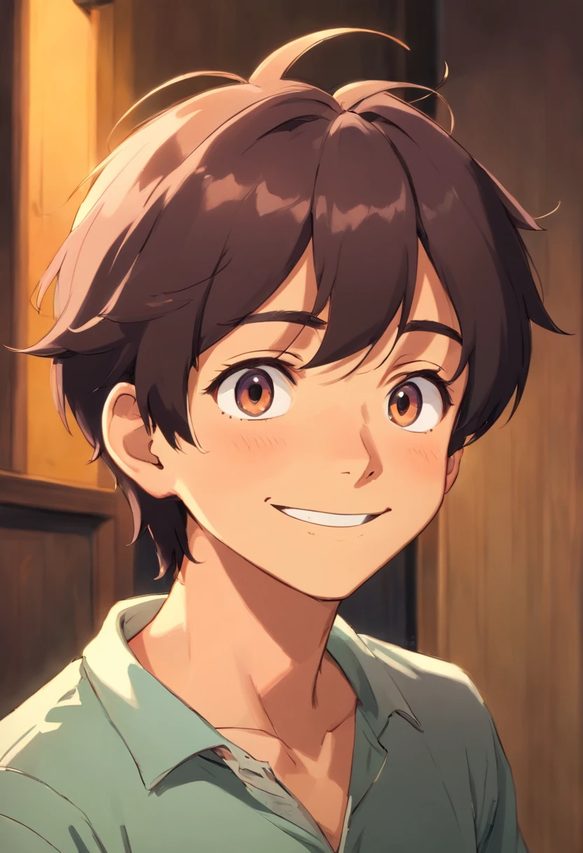 Anime Collar Boy,a smile, colorful animation stills, In a quiet room, A dark-haired, paul gauguin, Parker Cap Style, Honest portrayal,rightward