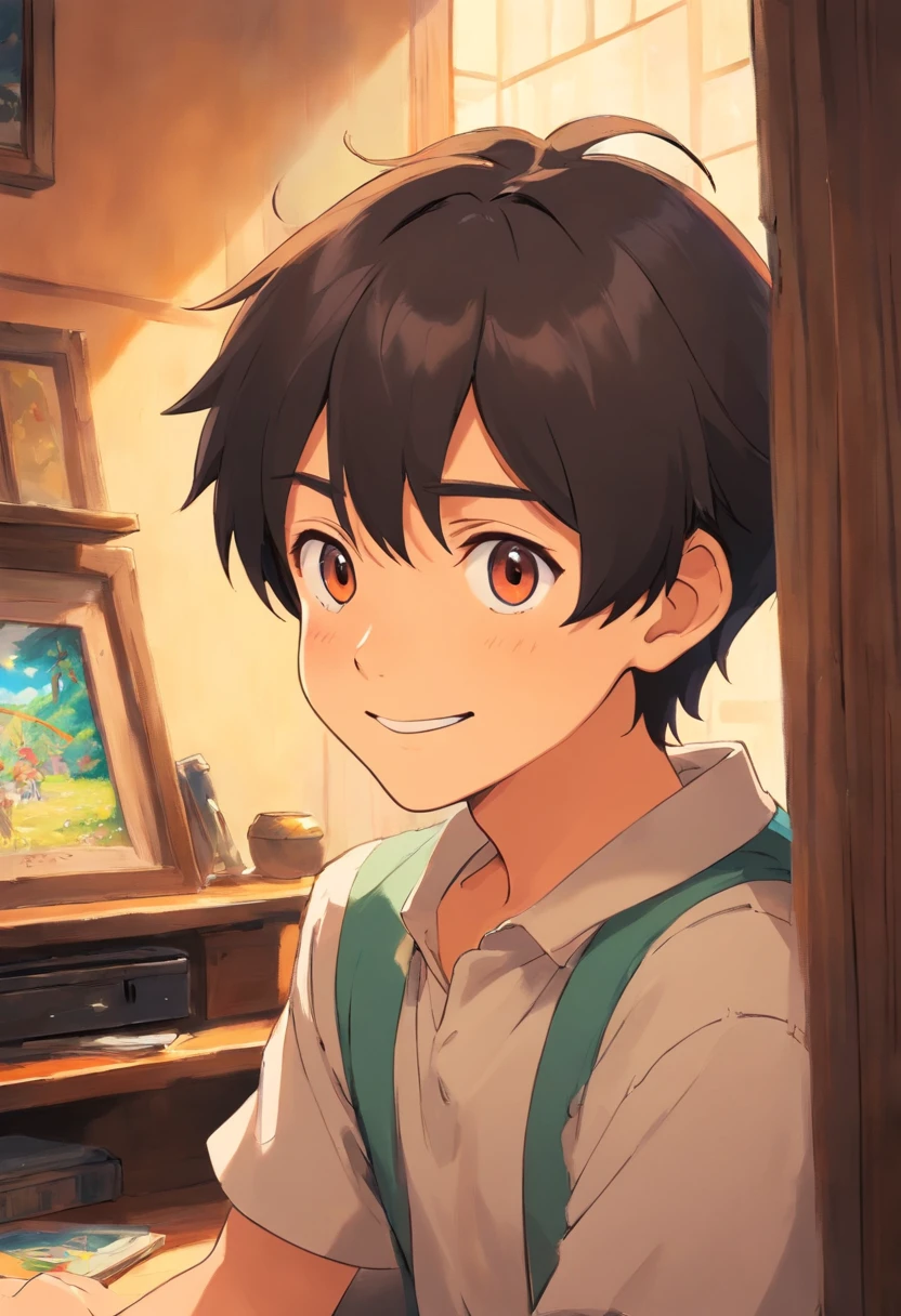 Anime Collar Boy,a smile, colorful animation stills, In a quiet room, A dark-haired, paul gauguin, Parker Cap Style, Honest portrayal,rightward