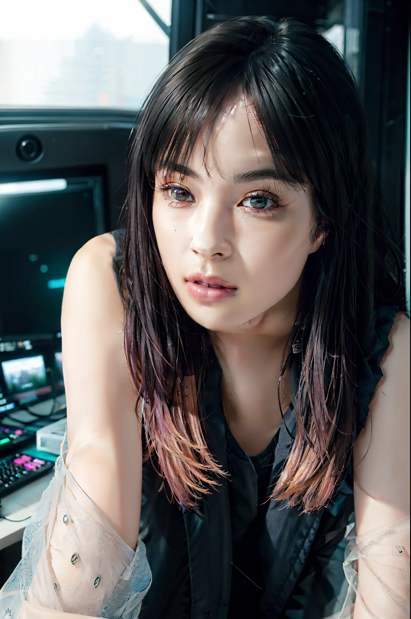 amazingly detailed, masterpiece, ultra hd, full shot, dynamic angle, beautiful girl, computer gamer, gaming computer, gaming chair, playing cyberpunk 2077, neon bedroom, streamer setup, (korean:0.3, european:, celtic:0.4), cyberpunk theme, wild long hair, Wavy Cut with Curtain Bangs, bubblegum pink hair, high detail hair, smokey eye shadow, high detail skin, high detail eyes, seductive eyes, smokey makeup, slender body, toned body, perfect face, slim athletic body, (perky small breasts:0. 75), (cold attitude, eyeshadow, eyeliner:1. 6), vibrant colors, beautiful, dramatic lighting, shallow depth of field, Ultra-realistic, focused shot, (epic composition, epic proportion), HD