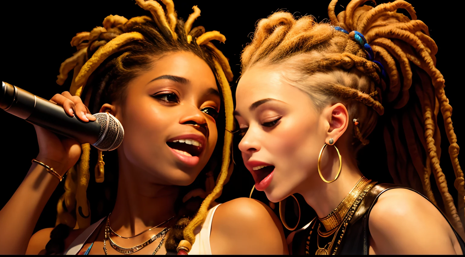 Protrait, a photo of, Neutral Hunnuman, Oval jaw, delicate features, beautifull face, , beautifull face, beautifull face, beautifull face, prefect skin, prefect skin, prefect skin, prefect skin, Long ponytail, (microphone), (Singing on the club stage), (Hip Hop), (Hip Hop), (Hip Hop), (Dreadlocks), (Dreadlocks), (Dreadlocks), (Two women holding microphones look at each other and sing), (Two women holding microphones look at each other and sing), (Two women holding microphones look at each other and sing)