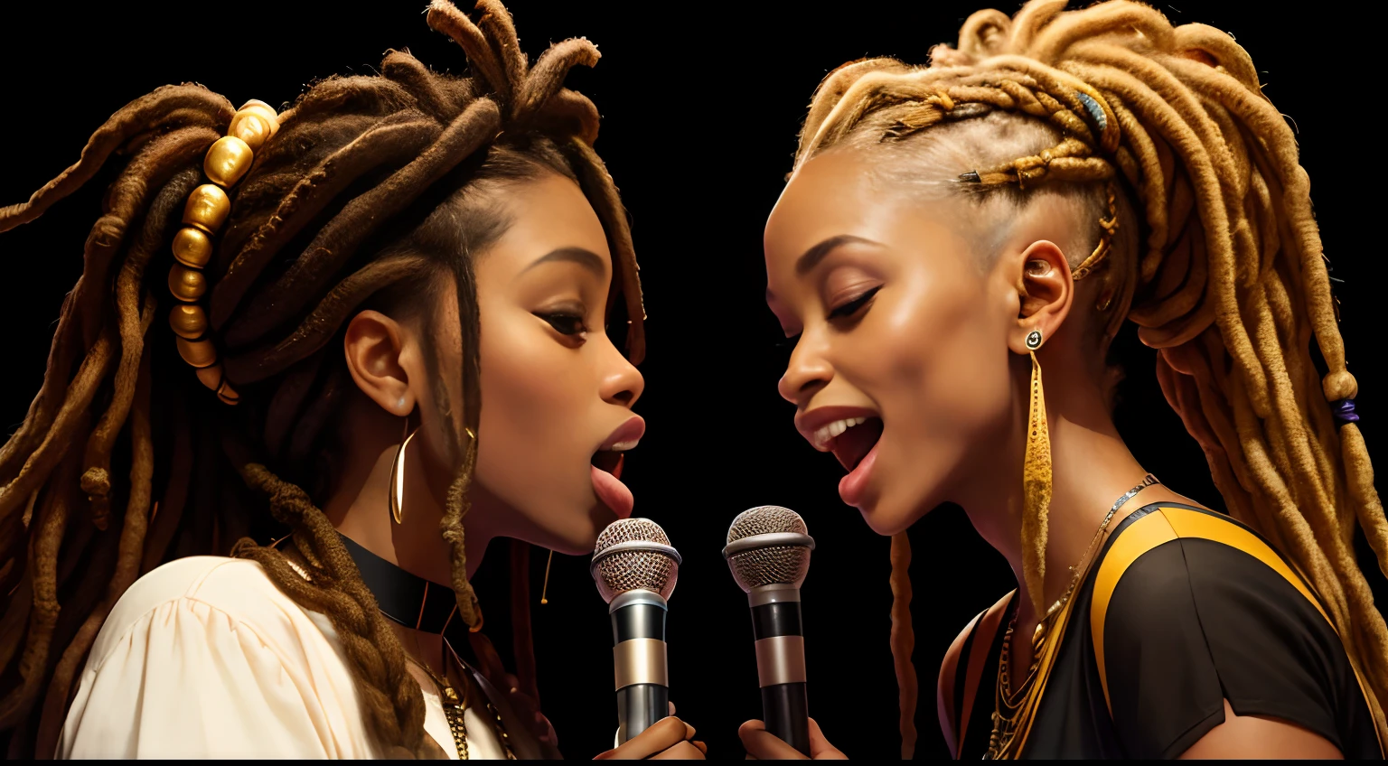Protrait, a photo of, Neutral Hunnuman, Oval jaw, delicate features, beautifull face, , beautifull face, beautifull face, beautifull face, prefect skin, prefect skin, prefect skin, prefect skin, Long ponytail, (microphone), (Singing on the club stage), (Hip Hop), (Hip Hop), (Hip Hop), (Dreadlocks), (Dreadlocks), (Dreadlocks), (Two women holding microphones look at each other and sing), (Two women holding microphones look at each other and sing), (Two women holding microphones look at each other and sing)