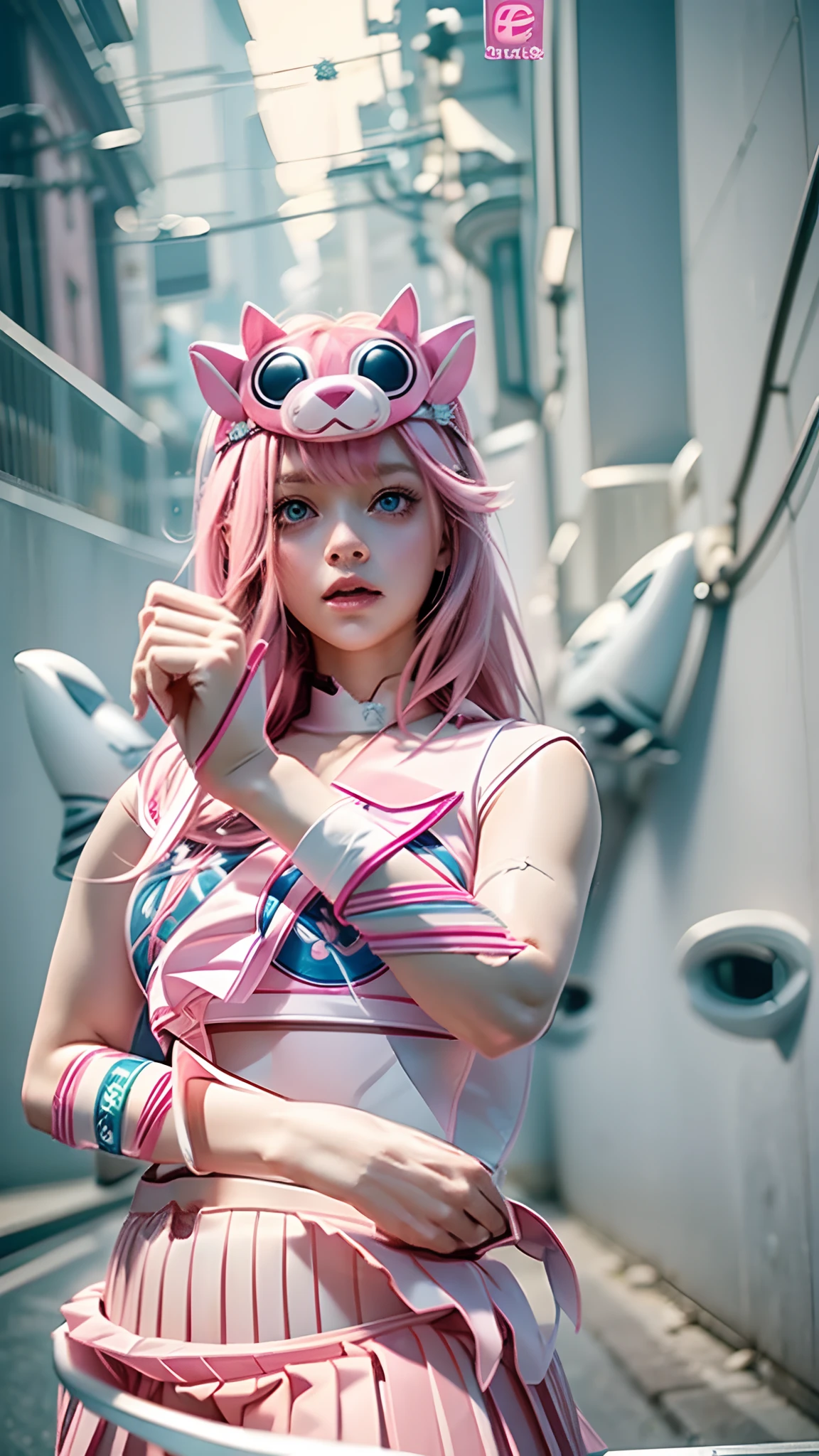 Beautiful illustrations、Superior Quality、Cute Girl、fourth、pink hair、Hair length、(((Pink pleated skirt)))、(((Pink sailor suit)))、short sleeves、Big Ceiling、navel、Rotate the skirt with your hands.、Show white panties、Pull up your skirt and show off your panties.、bare legs、blue eyes、on a bed、Cute thighs、Glossy thighs