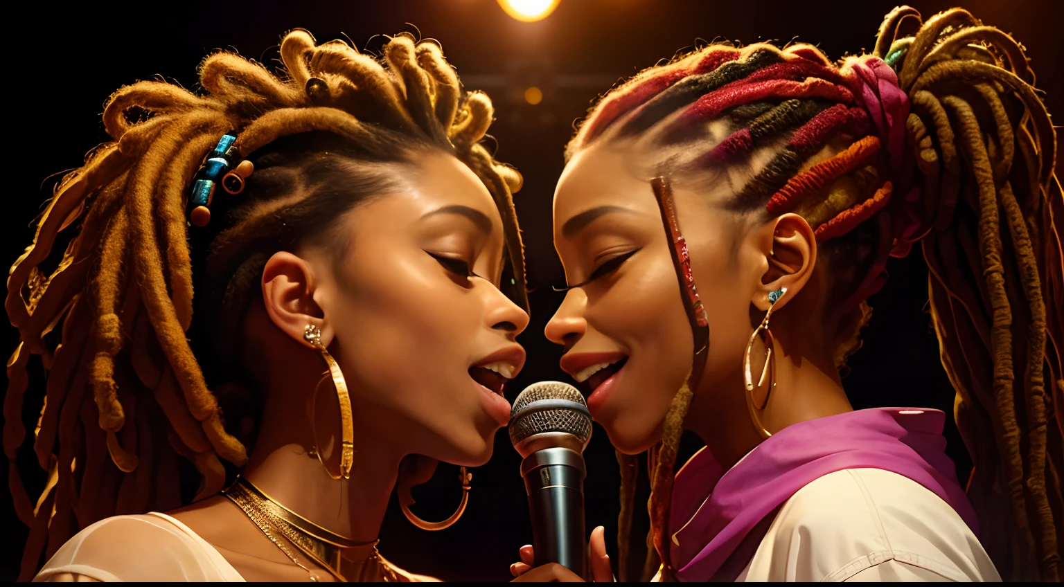 Protrait, a photo of, Neutral Hunnuman, Oval jaw, delicate features, beautifull face, , beautifull face, beautifull face, beautifull face, prefect skin, prefect skin, prefect skin, prefect skin, Long ponytail, (microphone), (Singing on the club stage), (Hip Hop), (Hip Hop), (Hip Hop), (Dreadlocks), (Dreadlocks), (Dreadlocks), (Two women holding microphones look at each other and sing), (Two women holding microphones look at each other and sing), (Two women holding microphones look at each other and sing)