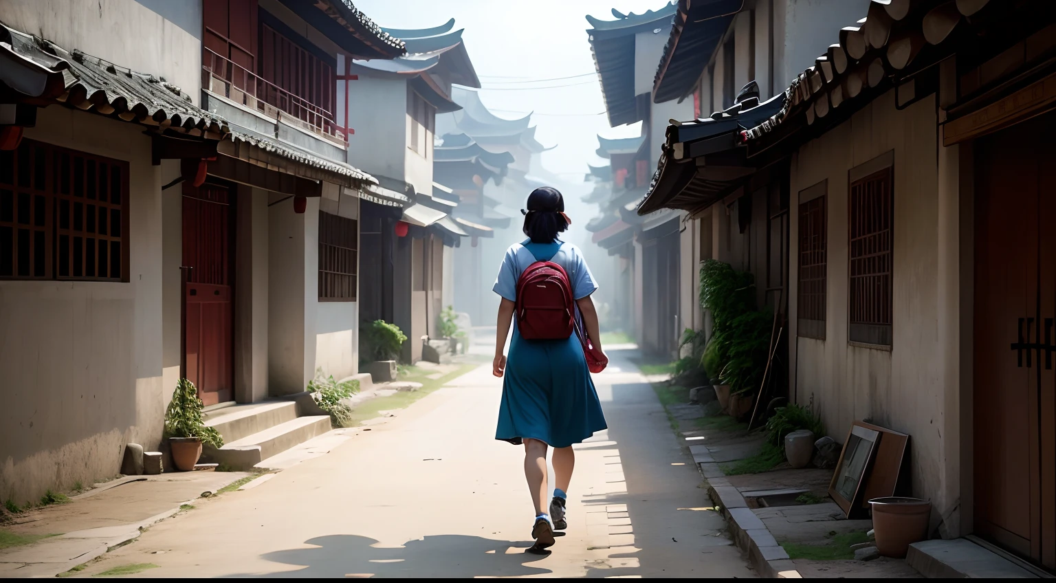 Mei a villager girl walking towards Chinese Sage Li Wei's humble abode