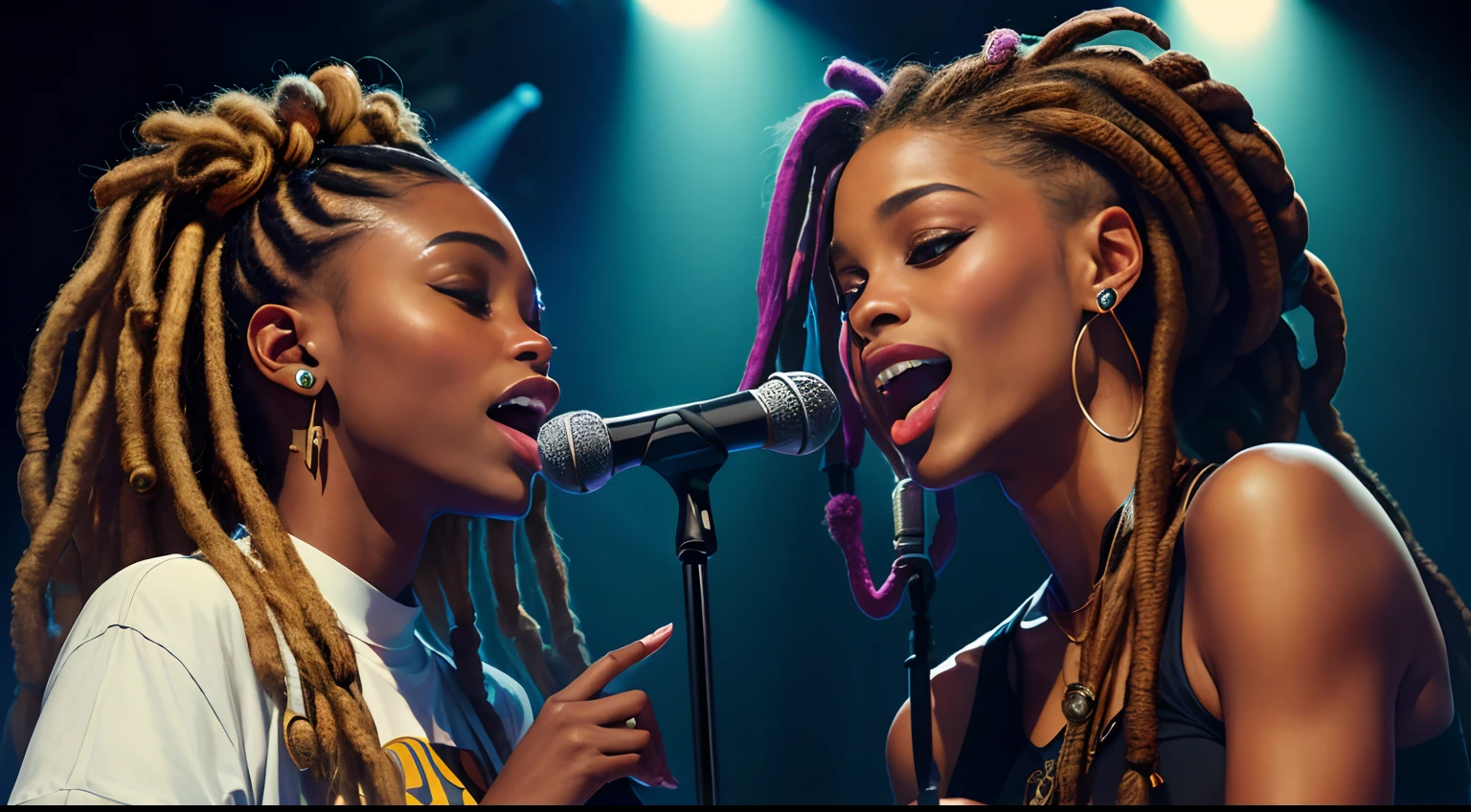 Protrait, a photo of, Neutral Hunnuman, Oval jaw, delicate features, beautifull face, , beautifull face, beautifull face, beautifull face, prefect skin, prefect skin, prefect skin, prefect skin, Long ponytail, (microphone), (Singing on the club stage), (Hip Hop), (Hip Hop), (Hip Hop), (Dreadlocks), (Dreadlocks), (Dreadlocks), (Two women holding microphones look at each other and sing), (Two women holding microphones look at each other and sing), (Two women holding microphones look at each other and sing)