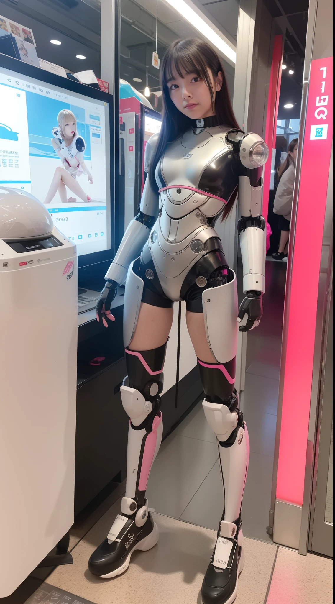 cyborgs, Pink, Silver, metalic, Robot Parts, Metal Parts, Super Detailed Face, Super Cropped Face, of the highest quality, a small face, Full body, Standing, Black hair, Thin, Camera gaze, Internal Mechanical Exposure, Idol, Live action,, 9 head body, gravure, Photo session, akihabara, Moe Pose, Frontal, Model body type, sad, Embarrassing,(Perfect Robot Girl),(Perfect machine body)