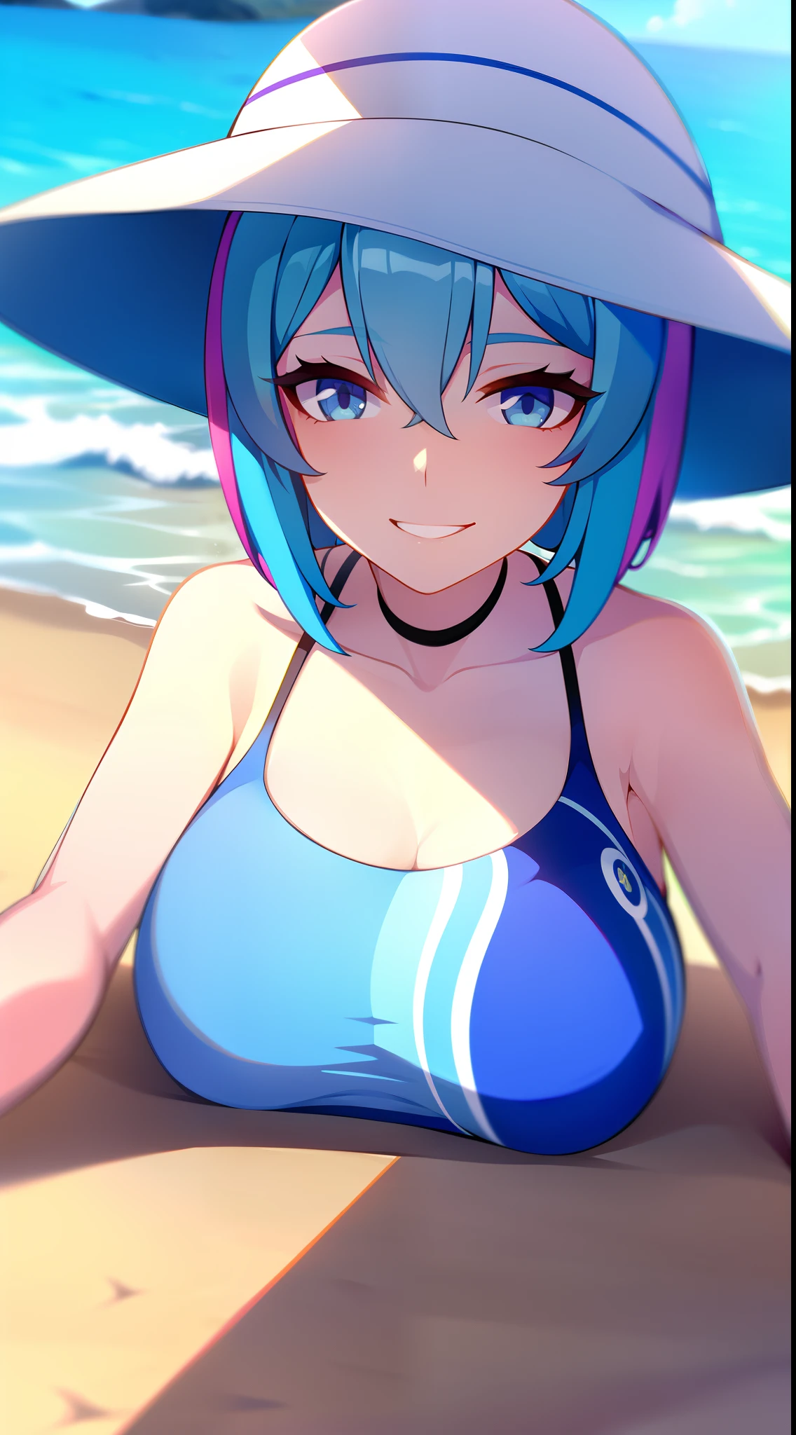 masterpiece, Best Quality, official art, Extremely detailed CG unity 8k wallpaper, Very detailed, illustration,by white, ((girl with huge tits1.4)) 4x-UltraSharp, nude naked, breasts1.4 huge 1.4 milf, ((on the beach with many people,)) pose, random, Farang Ding Dong Breasts