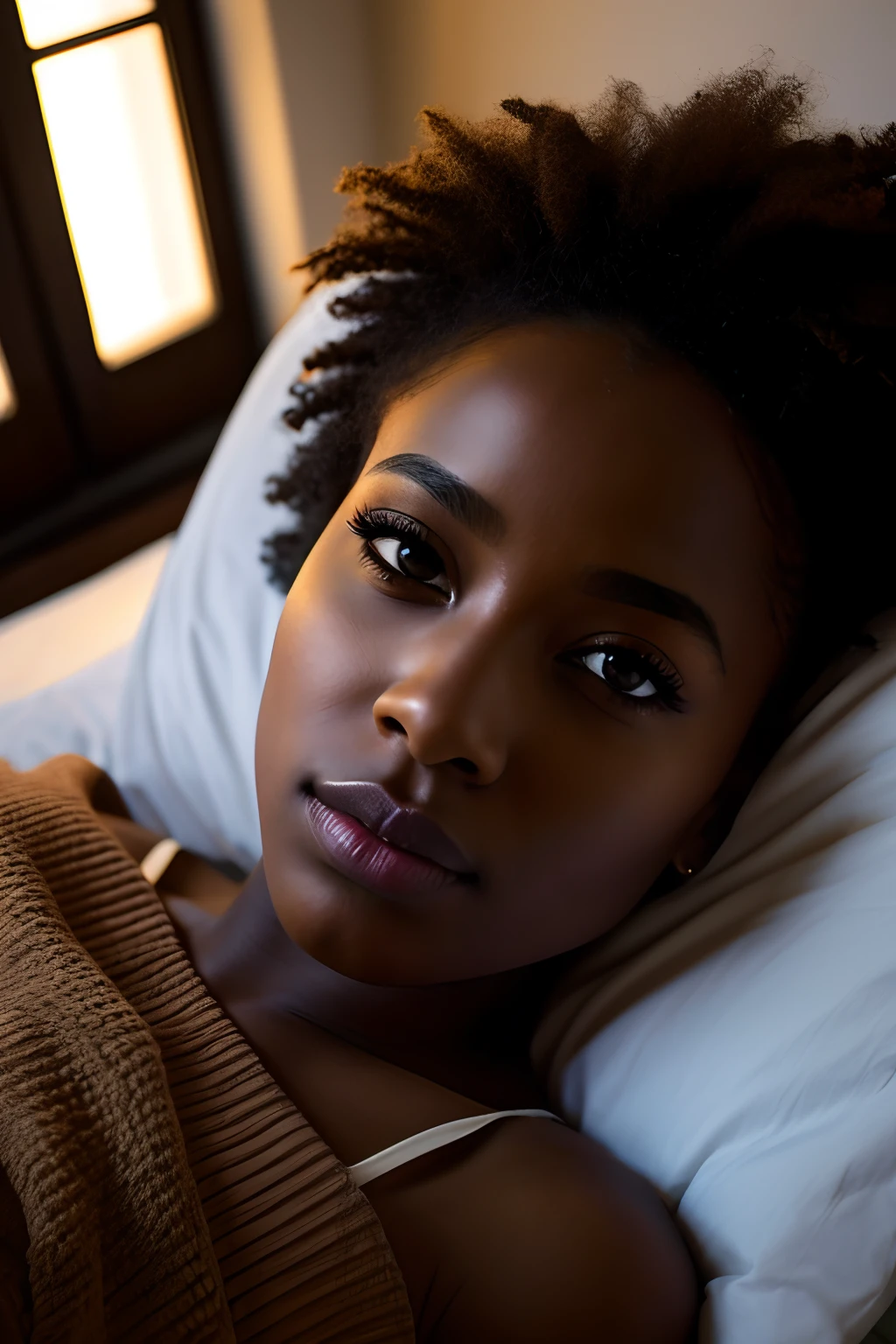 (8k, Photo brute, Highest quality), Beautiful Ebony Girl, corps entier, Poils sarcelle, yeux sarcelle, triste, gros plan, string, (detailled eyes:0.8), (looking at the camera:1.4), (Highest quality), (meilleure ombre), Intricate details, interior, Warm Light, muted colors, (Contraste To8Style), Coucher dans le lit