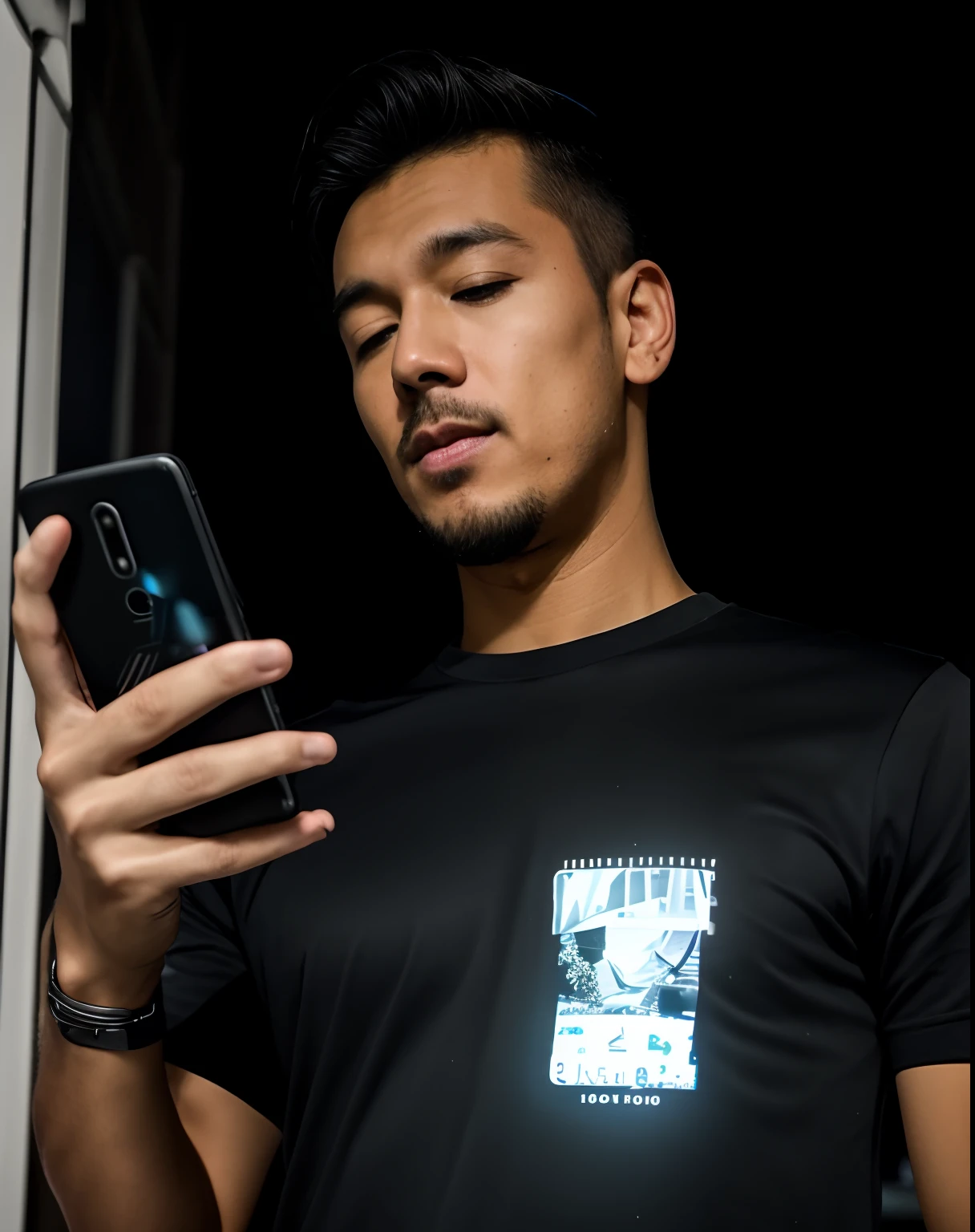 there is a man that is looking at his cell phone, candid!! dark background, he is holding a smartphone, candid picture, looking at his phone, with accurate face, shot on nikon z9, candid photo, holding a very advance phone, taken with sony alpha 9, wearing black tshirt, very very low quality picture, shot with hasselblade camera, at night time