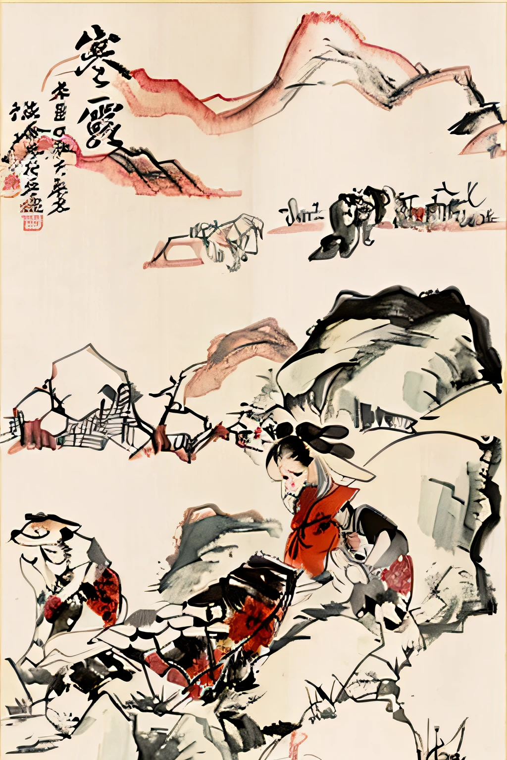 There were two people on board with dogs, Chinese watercolor style, A beautiful artwork illustration, author：Sheng Maoye, Chinese style painting, Traditional Chinese watercolor, author：Qu Leilei, Chinese painting style, Traditional Chinese painting, author：Cui Bai, author：Xia Gui, author：Qiu Ying, author：Park Hua, author：Xia Shuwen