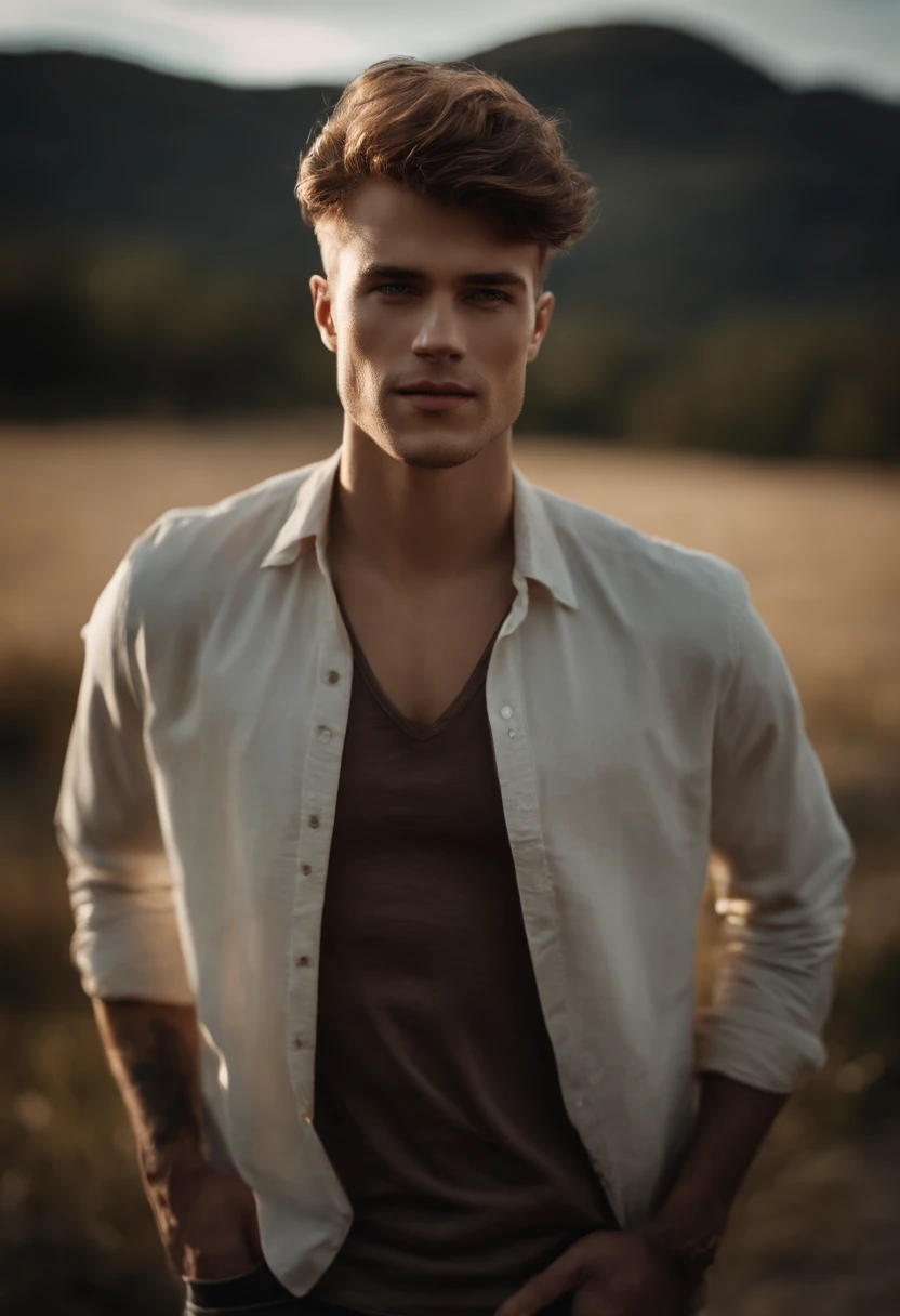 Mann. Jung, 20 Jahre alt, mit braunen Haaren, einem midfade haarschnitt, mit Hemd, Photo in high reality, detaillierte Haut, klare Augen, biomechanische Elemente, seltsam, sehr lebendige Farben, Lichtpartikel, mit hellem Licht, Mshiff, Hintergrundkunst, UHD-Hintergrundbild.
