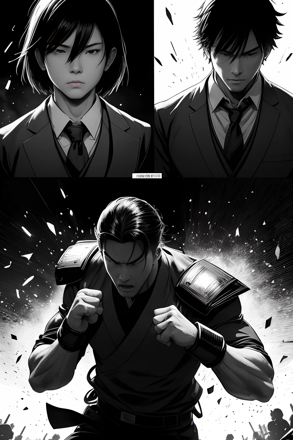 （Illustration sub-shots）Black and white Japanese manga，There are multiple panels on the page::The man roared。，He clenched his fists，Deal a fatal blow to school bullies。Image from《Fight》Magazines,《Hot-blooded universities》author：tatsuki fujimoto。Highly detailed dynamics reveal the film's clear lines。（Action burst shots）:: Stunning，Vivid lighting and vivid shadows，Smoke transformation，Arc of light，Explosive particles，Strong visual impact.Background with::In the classroom where classes are held，shot of::Close-up of face and action - niji 5 --q 2 ---16K（Speech bubbles with text，Comic sound effect stickers）