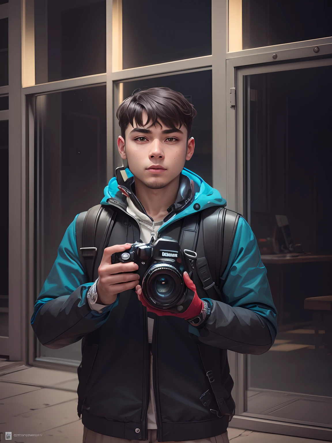 boy with camera futuristic  background realistic face 8k ultra high quality hd