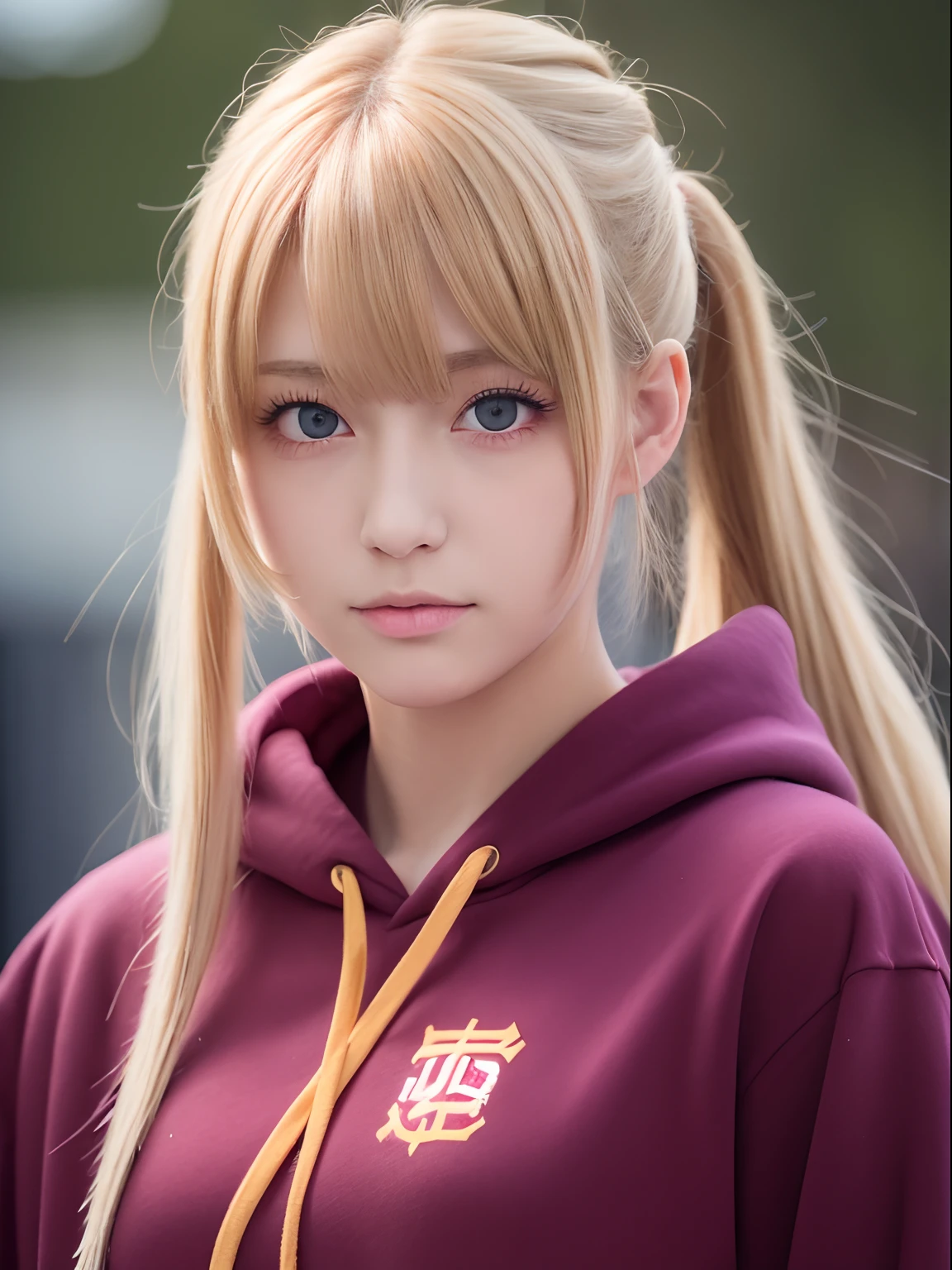 (Best Quality, masutepiece:1.2), 1 girl, , Solo, yellow hair,Eyes with beautiful details,(idol uniform),The upper part of the body,ear, side ponytail hair, soft pink hoodie, maroon eyes,