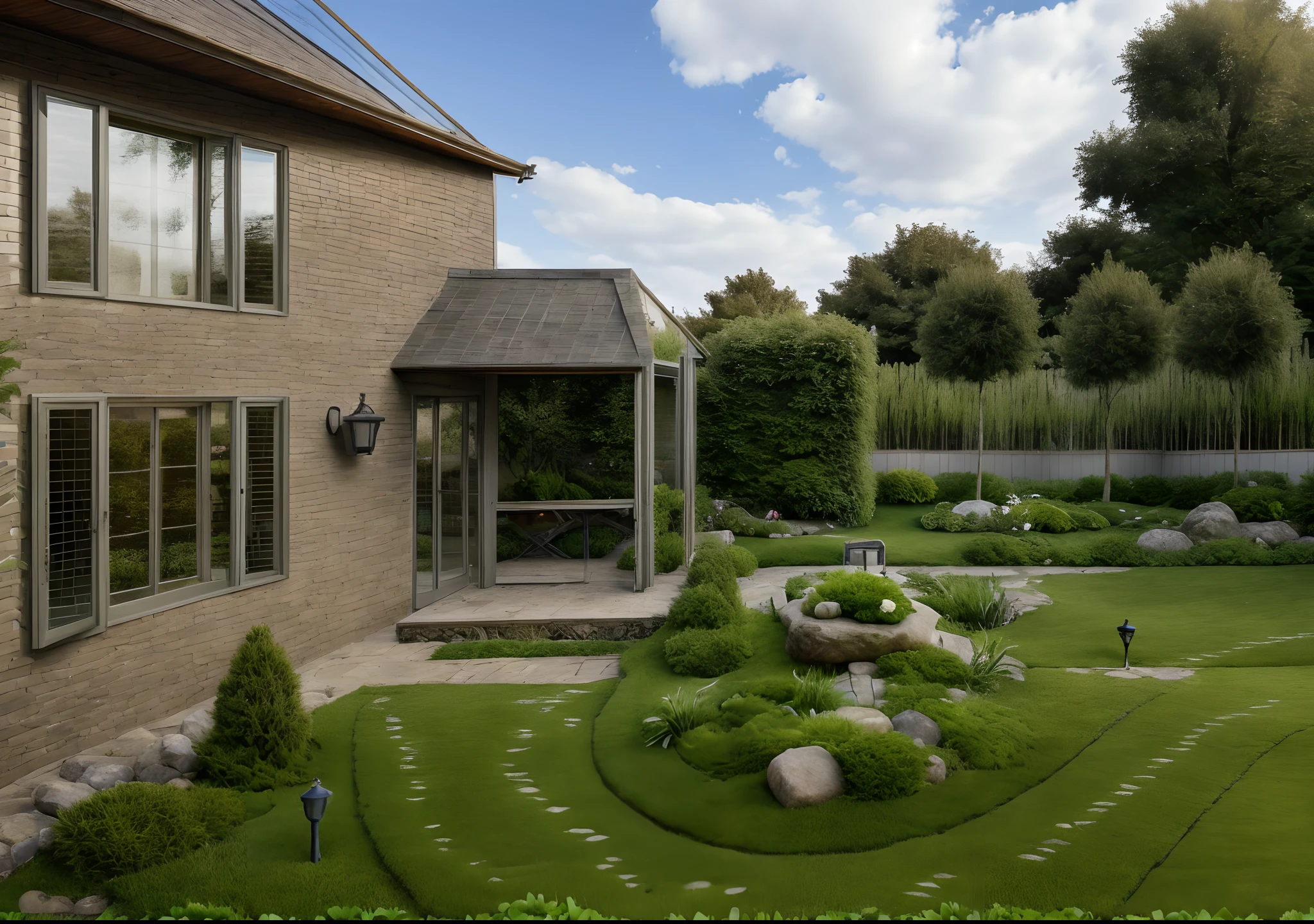 (( best quality)) (( ultral realistic)) photo of garden, close of small house , stone on grass, grass way