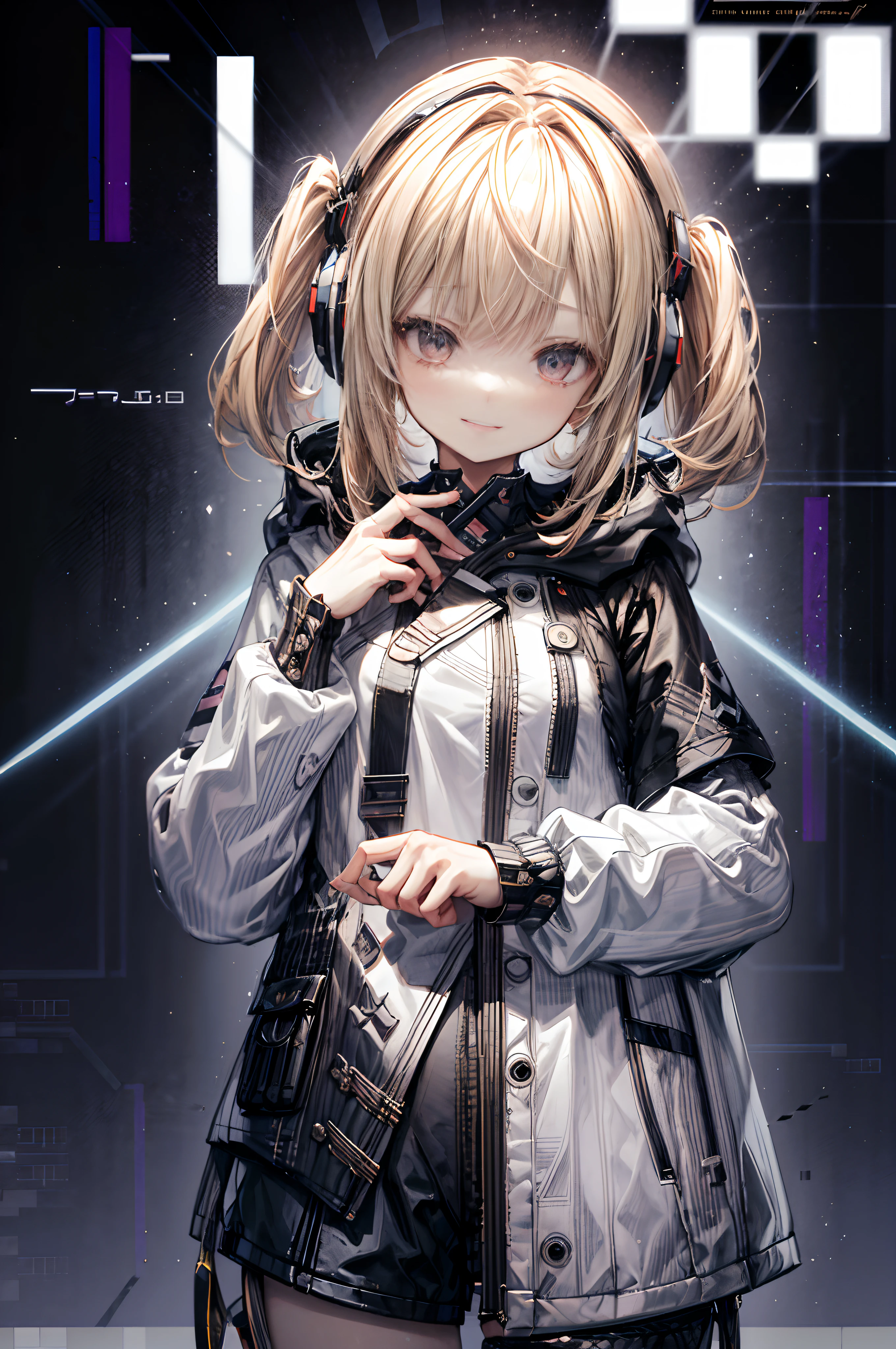 One girl, Blonde hair, Medium Hair, Long bangs, One blade on the side, headphones, hair between eye, tusk, Smile, Blackoversized cardigan with hood, Shorts, from the front side, (portfolio), Colorful background, (glitch art: 1.3), ultra-quality, Superfine Detail, hyper detailed background,