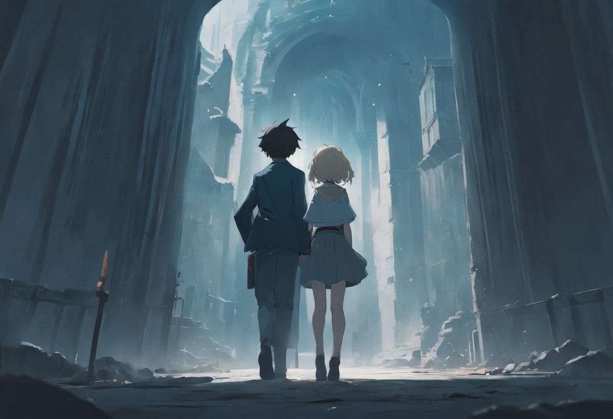 A dark-haired boy in a student uniform and a silver-haired girl in a skirt face away from the photo，Walk through vast ruins，Under a black sky，In the distance, There is a fuzzy black monster in the fog。