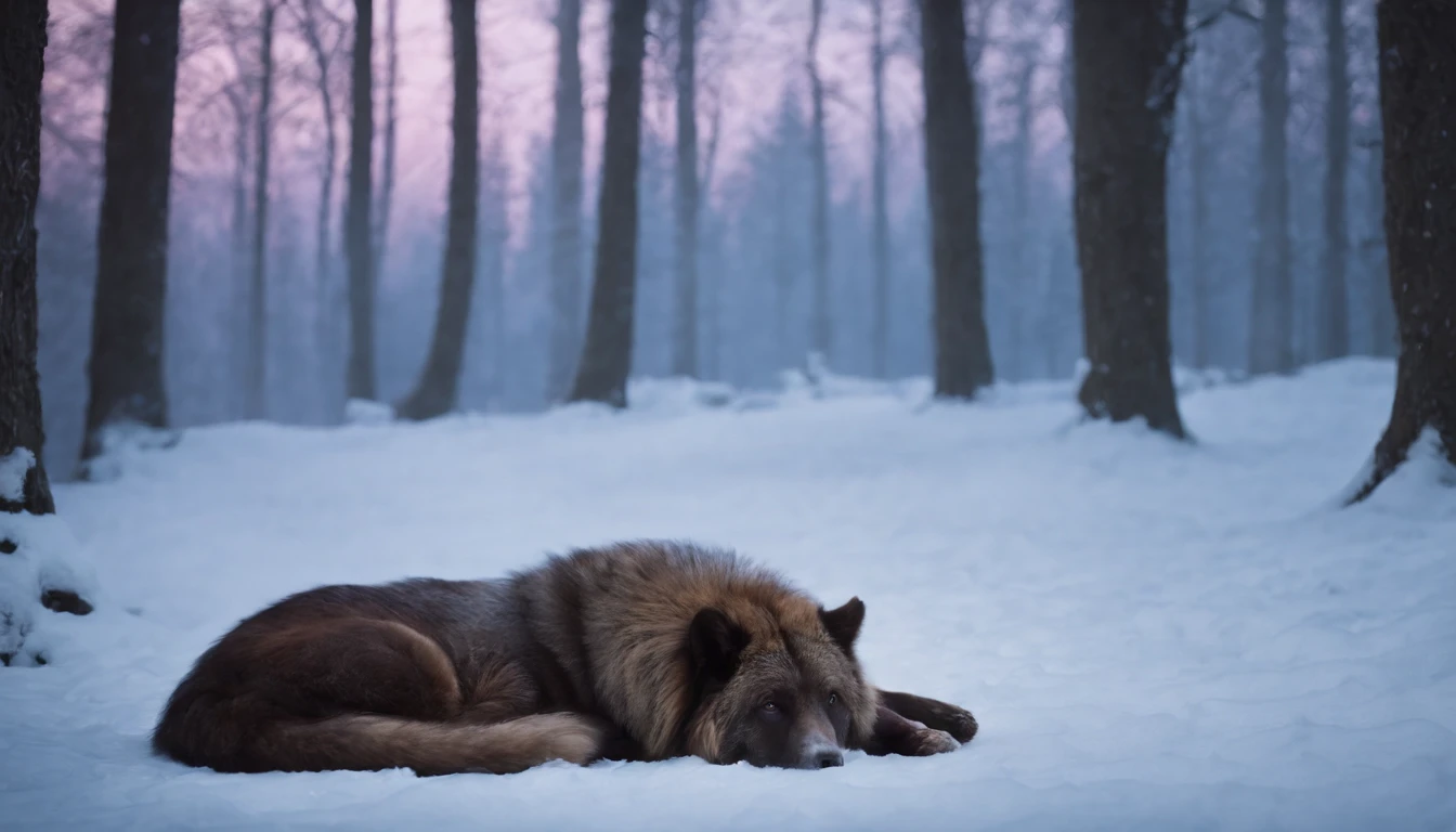 In a snowy night, at the edge of a mystical forest scene from a film, a newborn baby lies wrapped in wool and fur. The eerie atmosphere of medieval Hungary surrounds the scene, creating a cinematic ambiance. The baby is delicately portrayed, with the intricate details of the soft wool and fur emphasized. The darkness of the night enhances the mystical aura, with shadows being cast by the moonlight filtering through the trees. The scene is bathed in a cool color scheme, as blues and purples dominate, further enhancing the mysterious nature of the setting. The lighting is carefully crafted, with dim natural light playing a significant role in creating the atmosphere. The prompt emphasizes the high quality and detail of the image, with a focus on realistic and photorealistic attributes. The prompt also incorporates the elements of art style and texture, describing the scene as a medium of a cinematic landscape.
