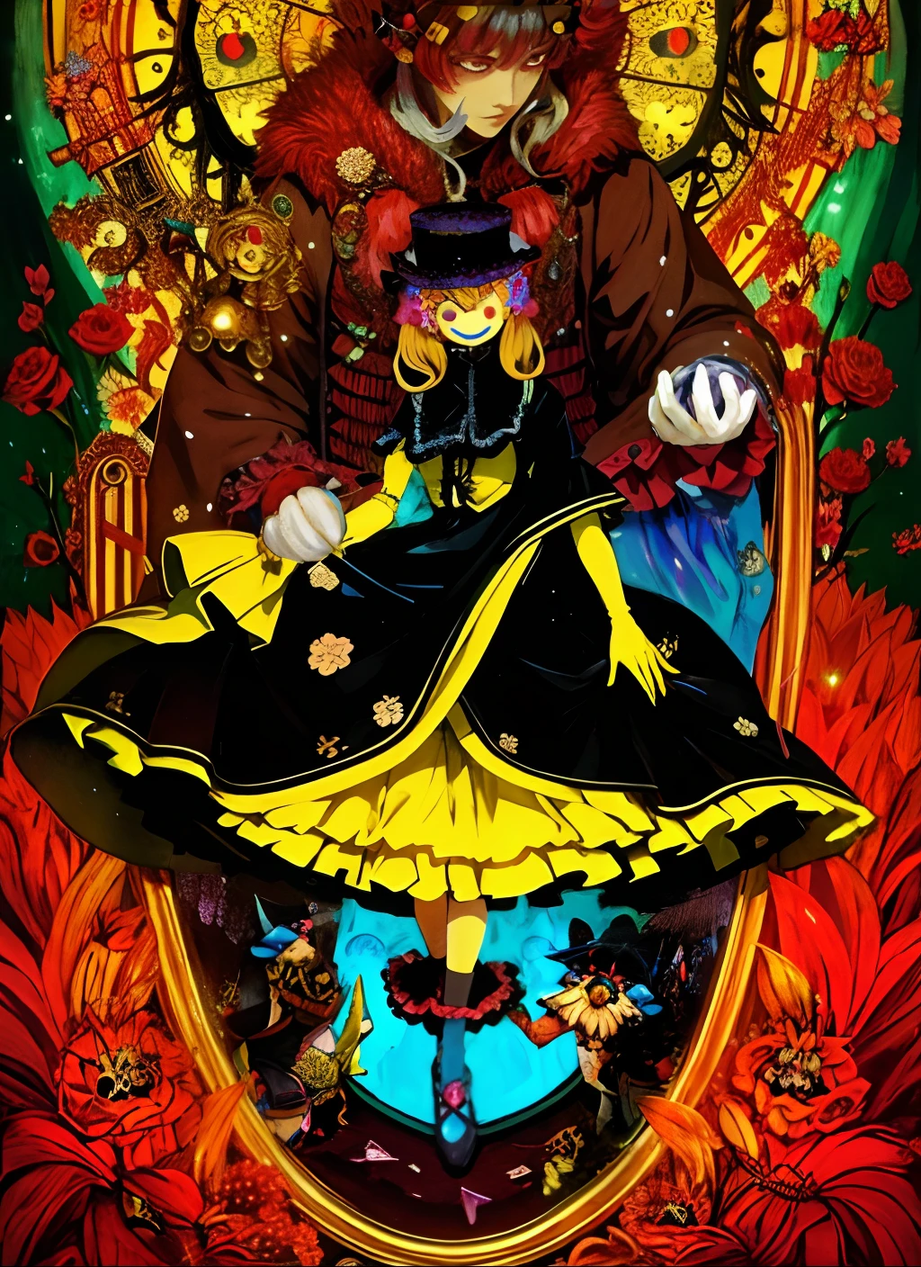 Doll in dress, umineko, official artwork, from touhou, baroque visual kei decora art, style of masami kurumada, touhou project official artwork, Official art, touhou character, Anime Art Nouveau, anime cover, Touhou Project, Alice in Wonderland Cyberpunk, 1man and 1doll,smiling doll,yellow skin doll,blue jewel,wizard,man in red,furred