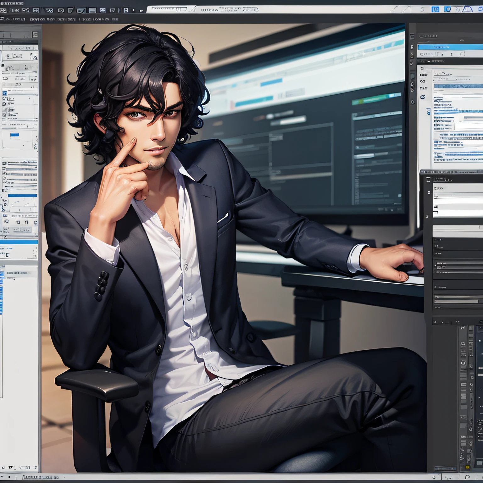 Man editing in photoshop wearing a suite with short black curly hair