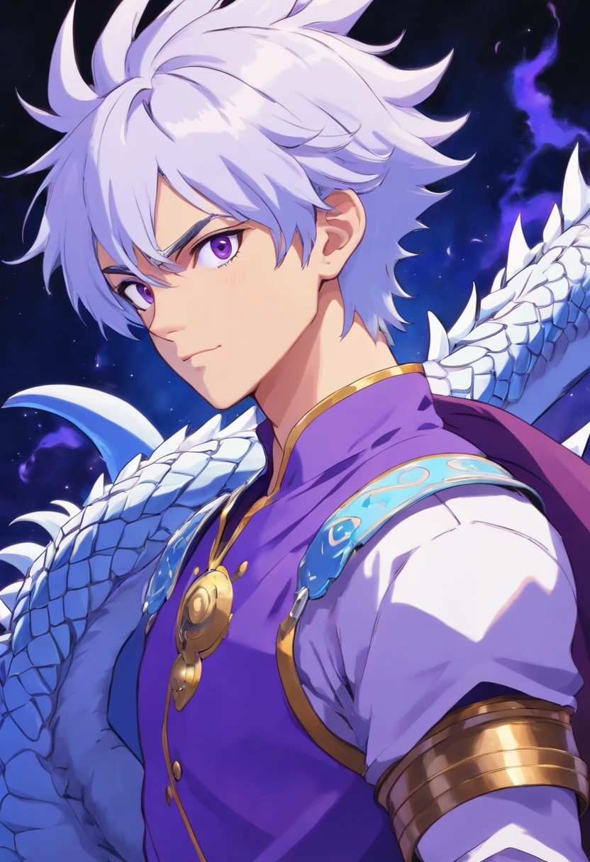 Jovem masculino ,olhos com tom de roxo ,cabelos pretos arrepiados, Fighter physique ,luvas de dragao de raios um foice lunar , White dragon breastplate