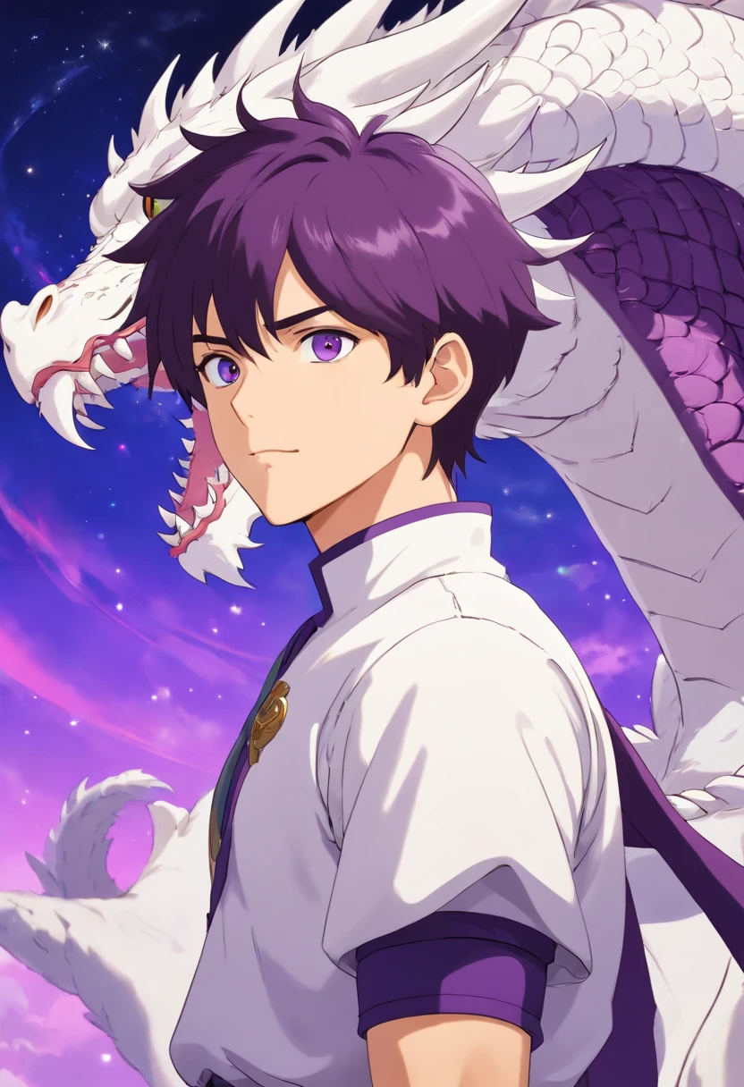 Jovem masculino ,olhos com tom de roxo ,cabelos pretos arrepiados, Fighter physique ,luvas de dragao de raios um foice lunar , White dragon breastplate