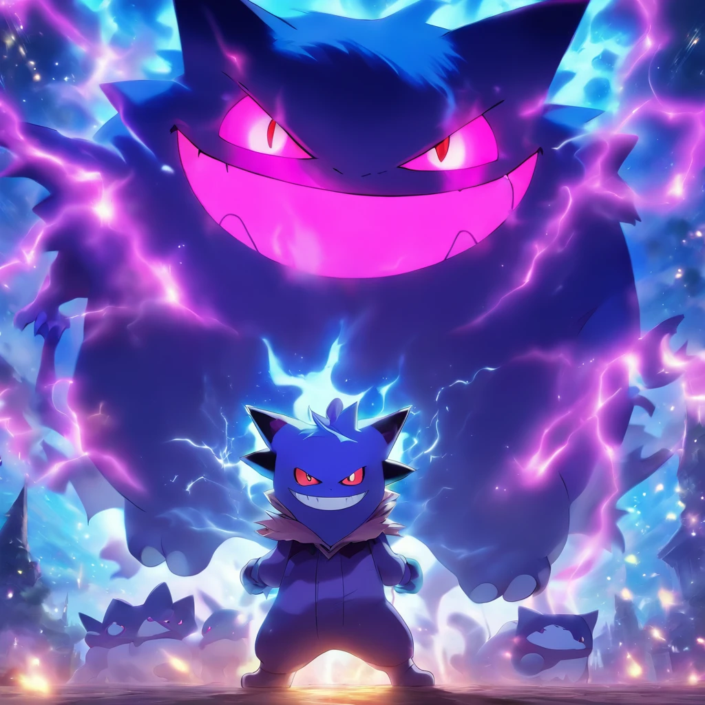 Gengar and Pokémon trainer with ghost hat,Highest image quality,Cinematic texture,A masterpiece,tmasterpiece,