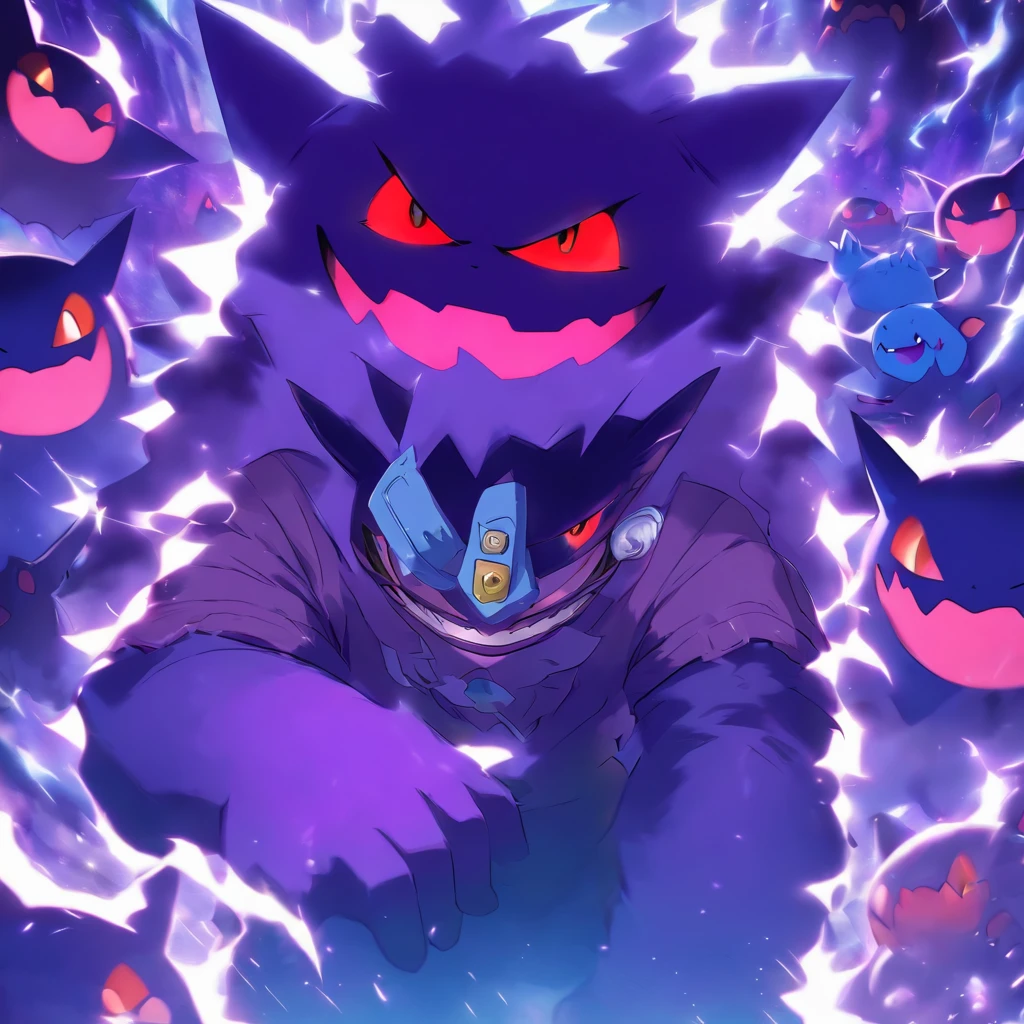Gengar and Pokémon trainer with ghost hat,Highest image quality,Cinematic texture,A masterpiece,tmasterpiece,
