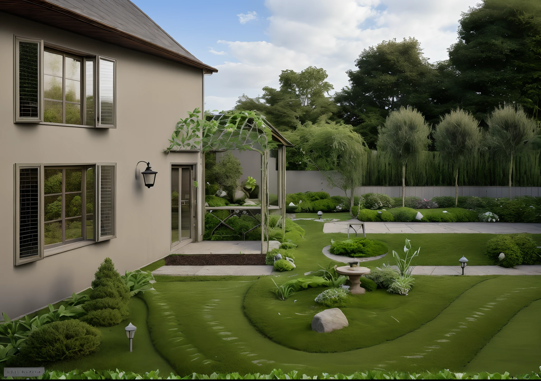 (( best quality)) (( ultral realistic)) photo of garden, close of small house , stone on grass, grass way