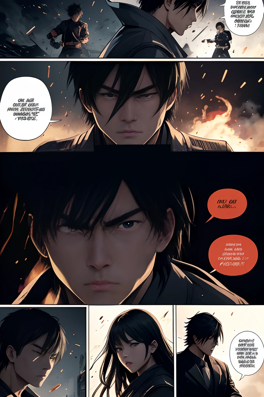 (Illustration sub-shots)Black and white Japanese manga,There are multiple panels on the page:: The man roared angrily,He shook his fist,Deal a fatal blow to the school bully。Picture from《Fight》Magazines,《Hot-blooded universities》author:tatsuki fujimoto。Highly detailed dynamics reveal the film's clear lines。(Action burst shots):: Stunning,Vivid lighting and vivid shadows,Smoke transformation,Arc of light,Explosive particles,Strong visual impact.Background with::In the classroom where the class is held,shot of::Close-up of face and action - niji 5 --q 2 ---16K(Speech bubbles with text,Comic sound effect stickers)