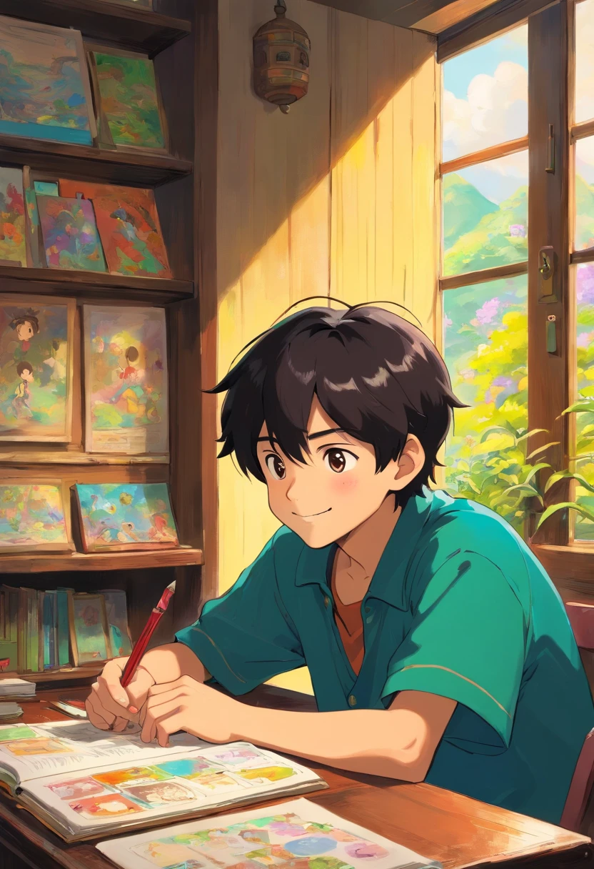 Lingling boy, smiling, with colorful animated stills, in a quiet room, with dark hair, doing homework by the window, with his back facing the audience Paul Gauguin, in a Parker hat style, honest portrayal,
